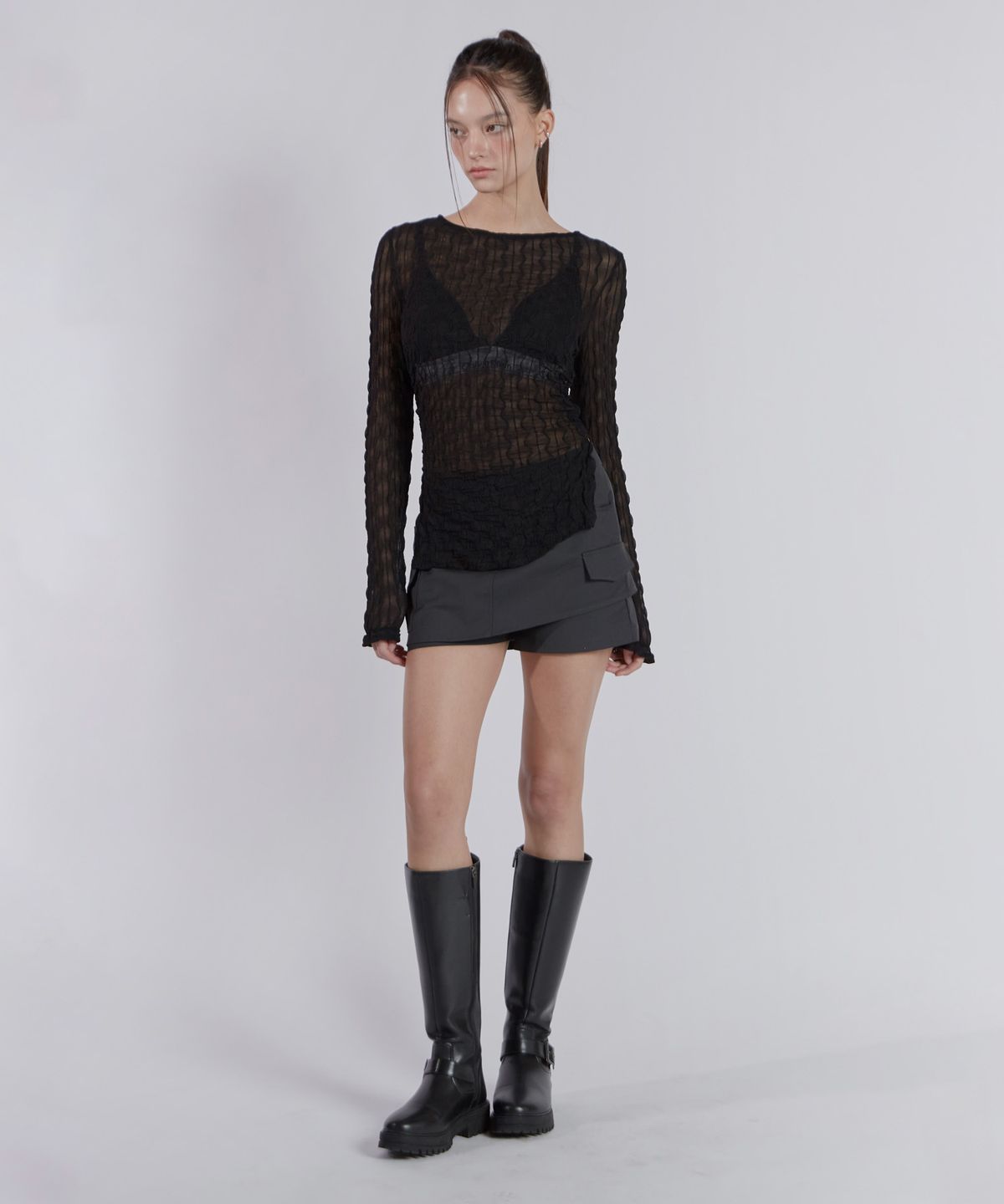 진주유즈(JINJUSE) SEETHROUGH LACE SLIT TOP[BLACK]