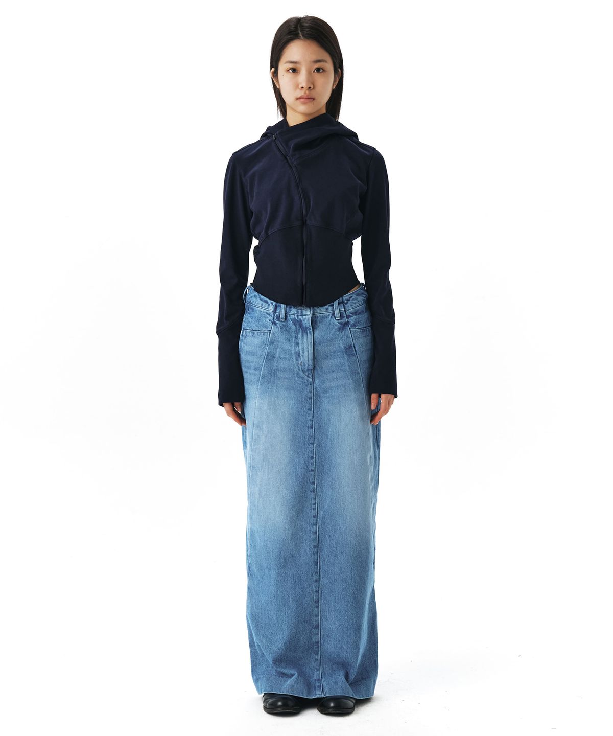 이이(EE) WOMENS CURVED DENIM SKIRTS BLUE