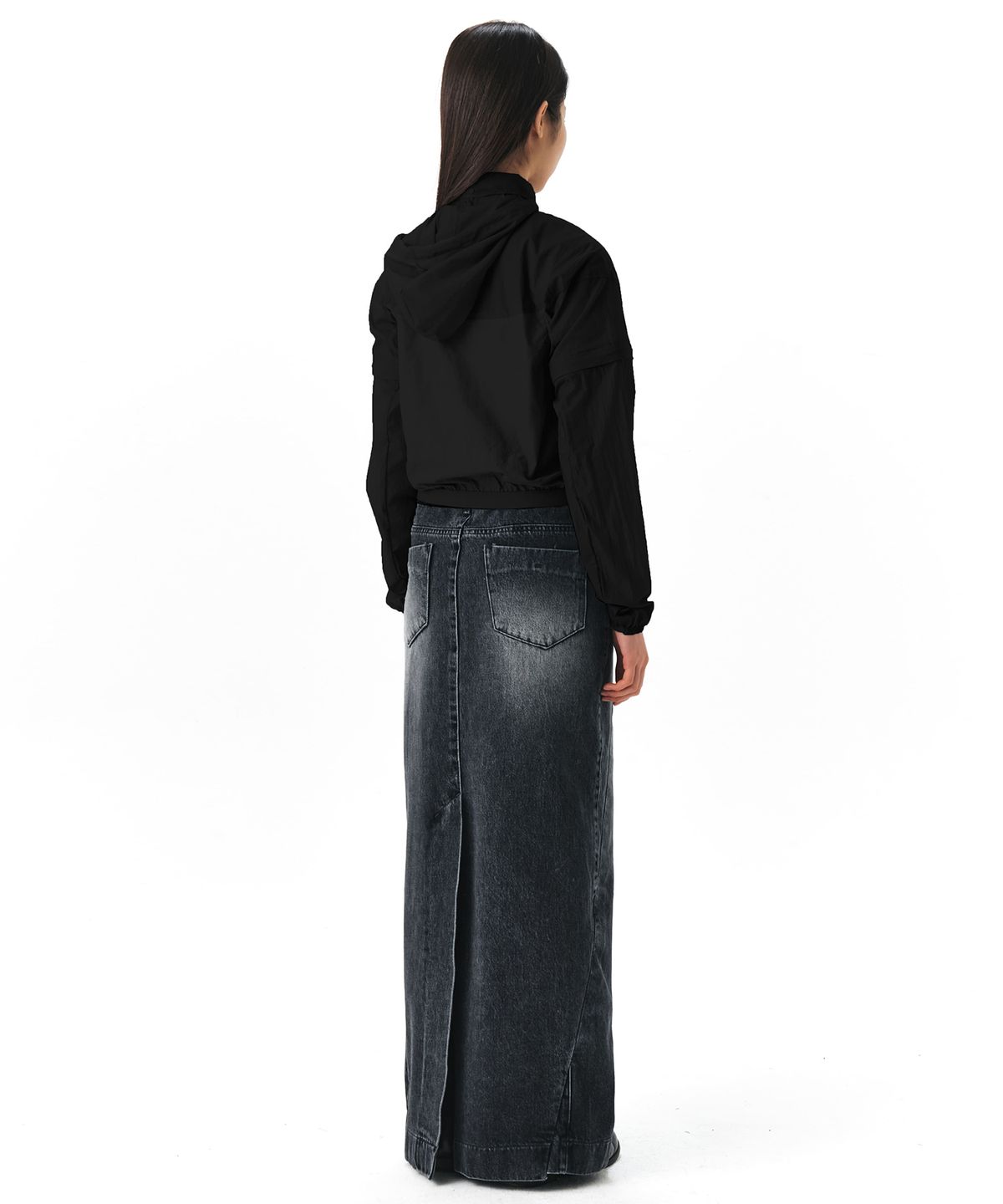 이이(EE) WOMENS CURVED DENIM SKIRTS BLACK