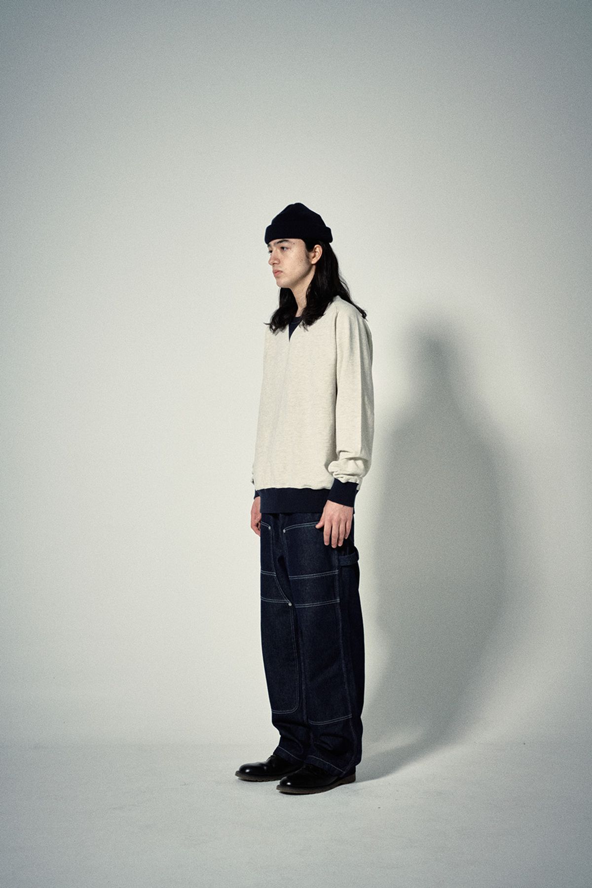 히즈핸더(HISHANDER) FREEDOM SLEEVE SWEAT SHIRTS [Light Melange Grey / Navy]