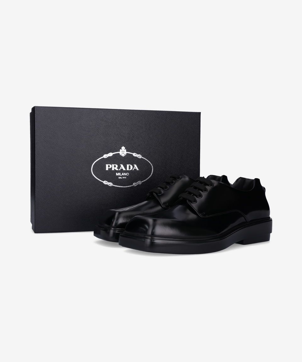 MUSINSA | PRADA Square Toe Fleece Leather Derby Shoes - Black