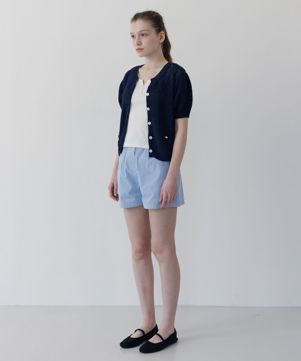 튜드먼트(TTUDEMENT) HALF SLEEVE CABLE CARDIGAN NAVY