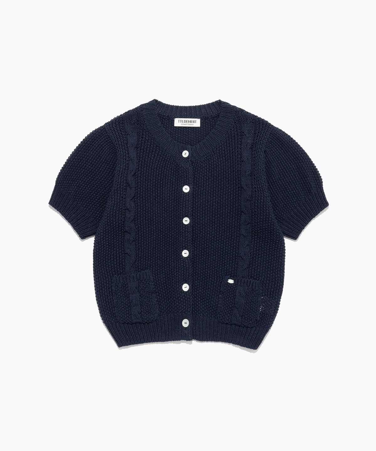 튜드먼트(TTUDEMENT) HALF SLEEVE CABLE CARDIGAN NAVY