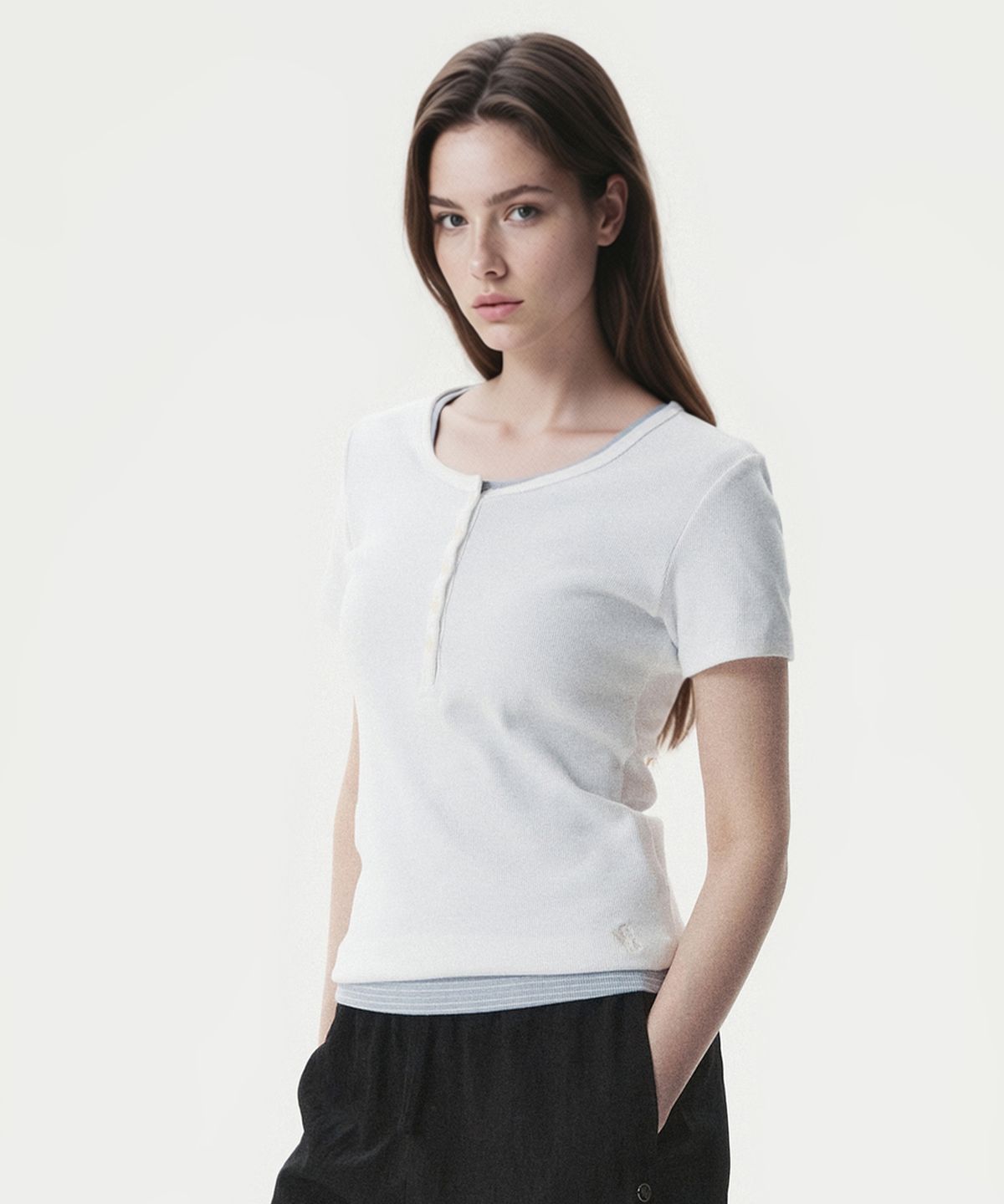 후아유(WHO.A.U) Ribbed Henry Neck T-shirt / WHRAG2422F