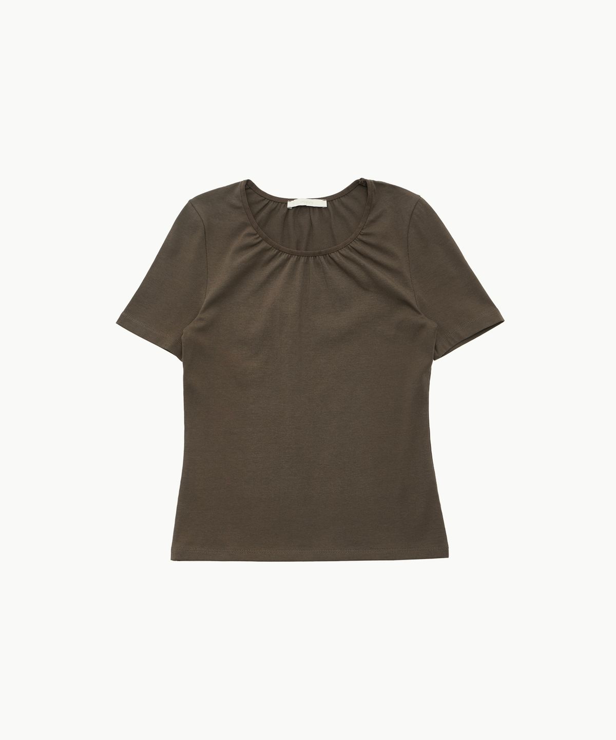 아모멘토(AMOMENTO) NECK SHIRRING SHORT SLEEVE TOP_BROWN