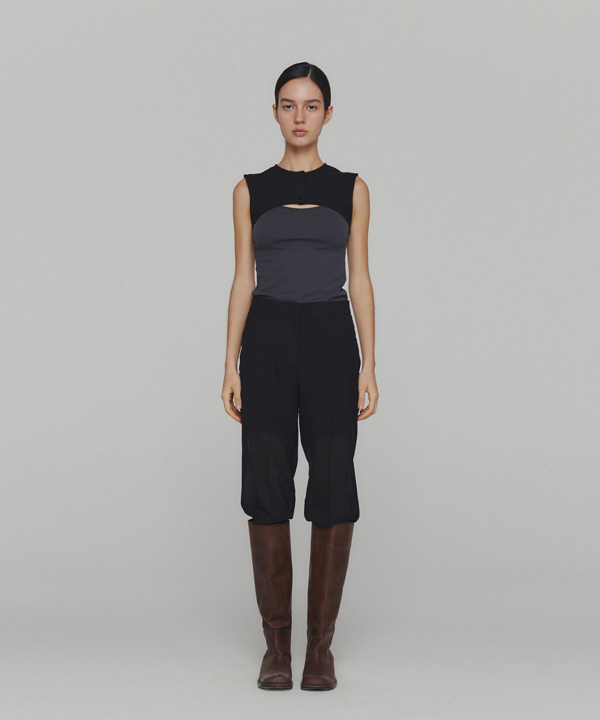 아모멘토(AMOMENTO) RIBBED BUTTON CARDIGAN TOP SET_BLACK
