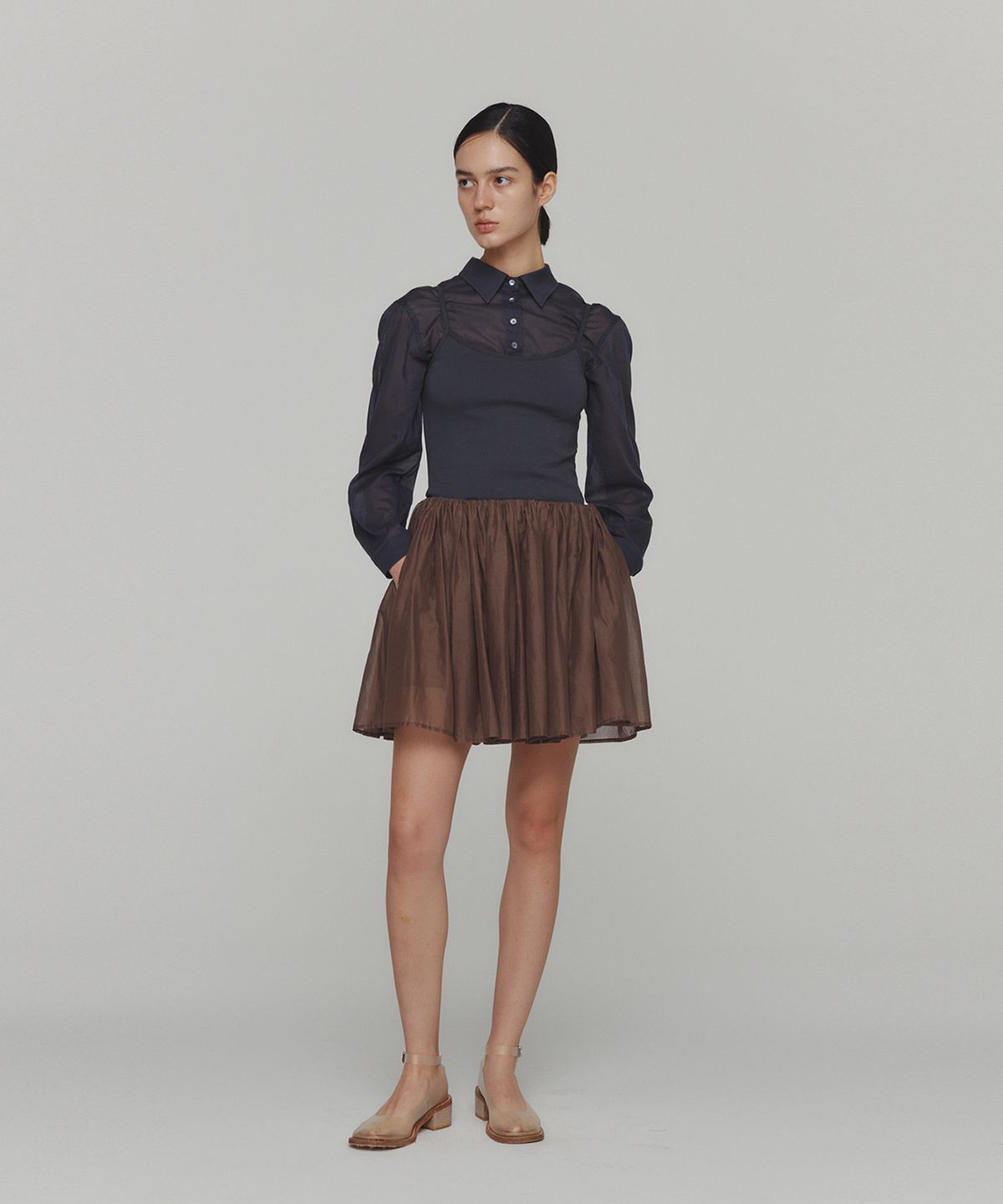 아모멘토(AMOMENTO) COTTON SHIRRING BANDING SKORTS_BROWN