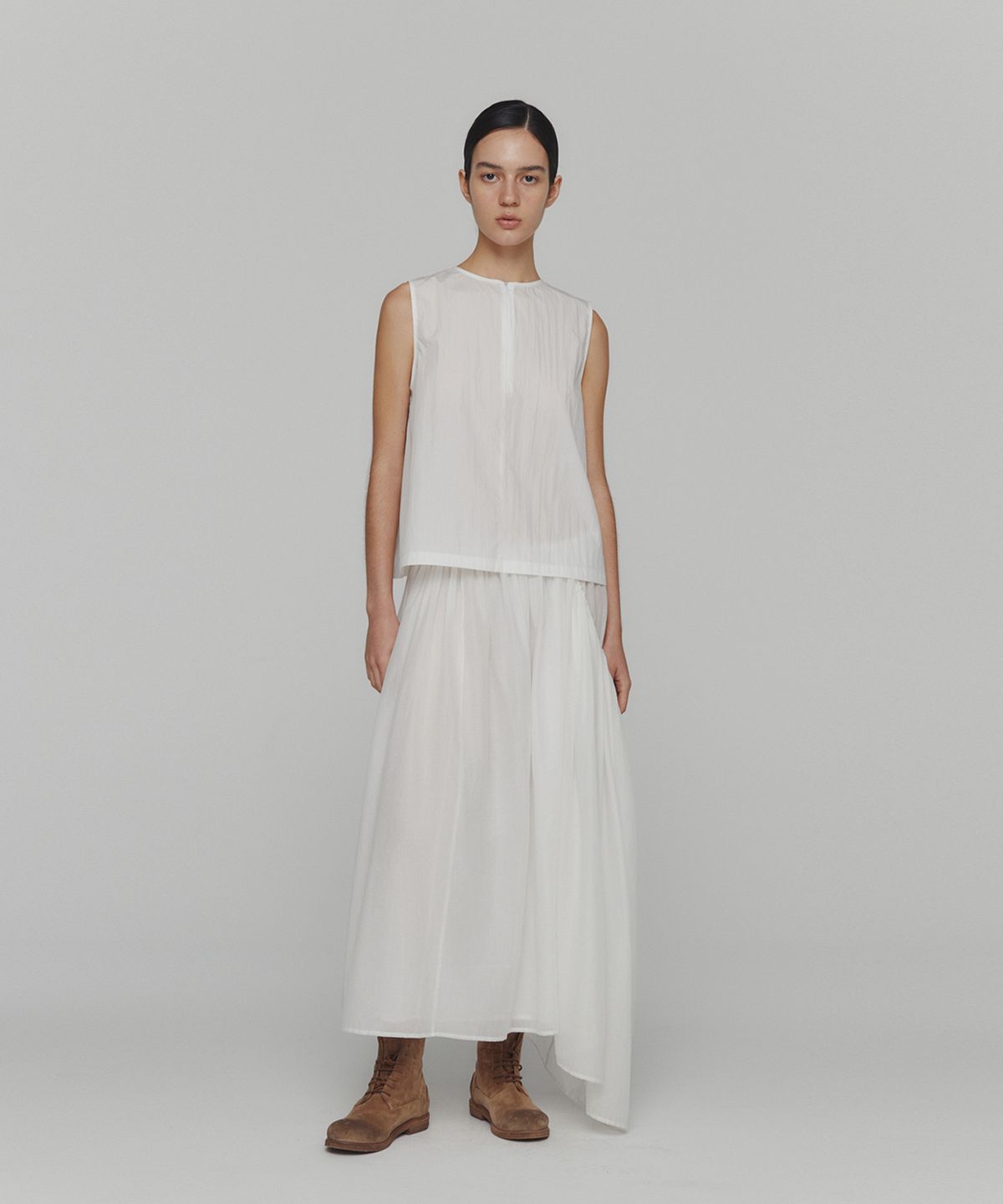 아모멘토(AMOMENTO) DRAWSTRING SHEER SHIRRING SKIRT_WHITE
