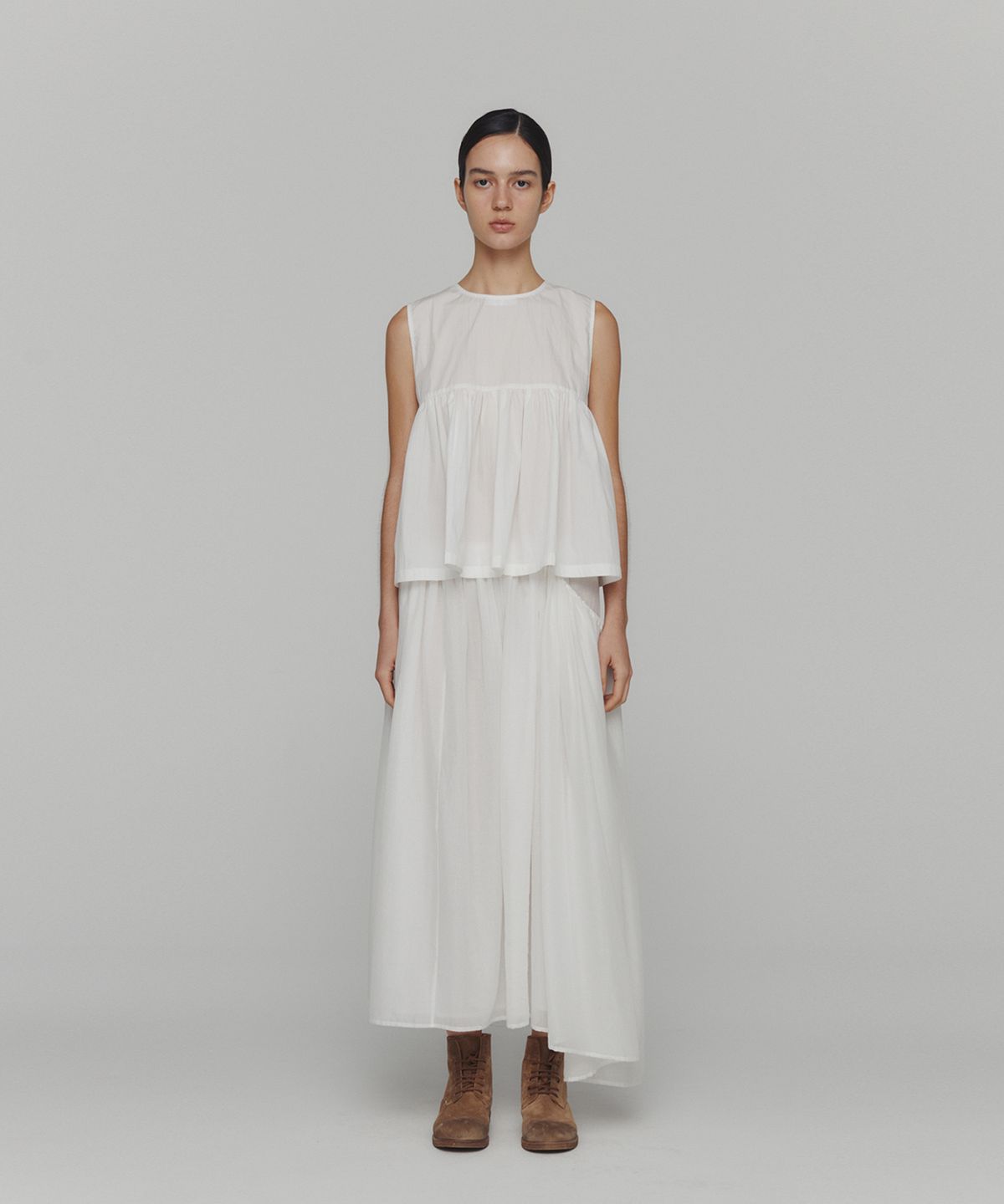 아모멘토(AMOMENTO) DRAWSTRING SHEER SHIRRING SKIRT_WHITE
