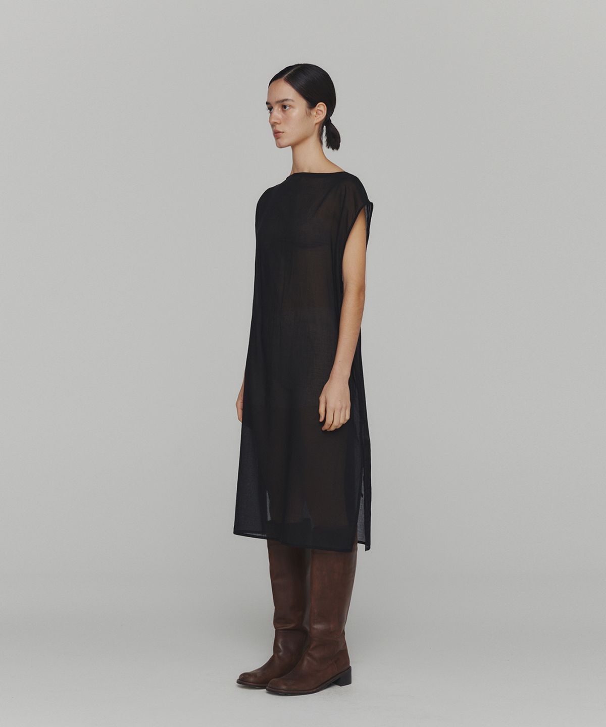 아모멘토(AMOMENTO) SHEER DRAWSTRING DRESS_BLACK