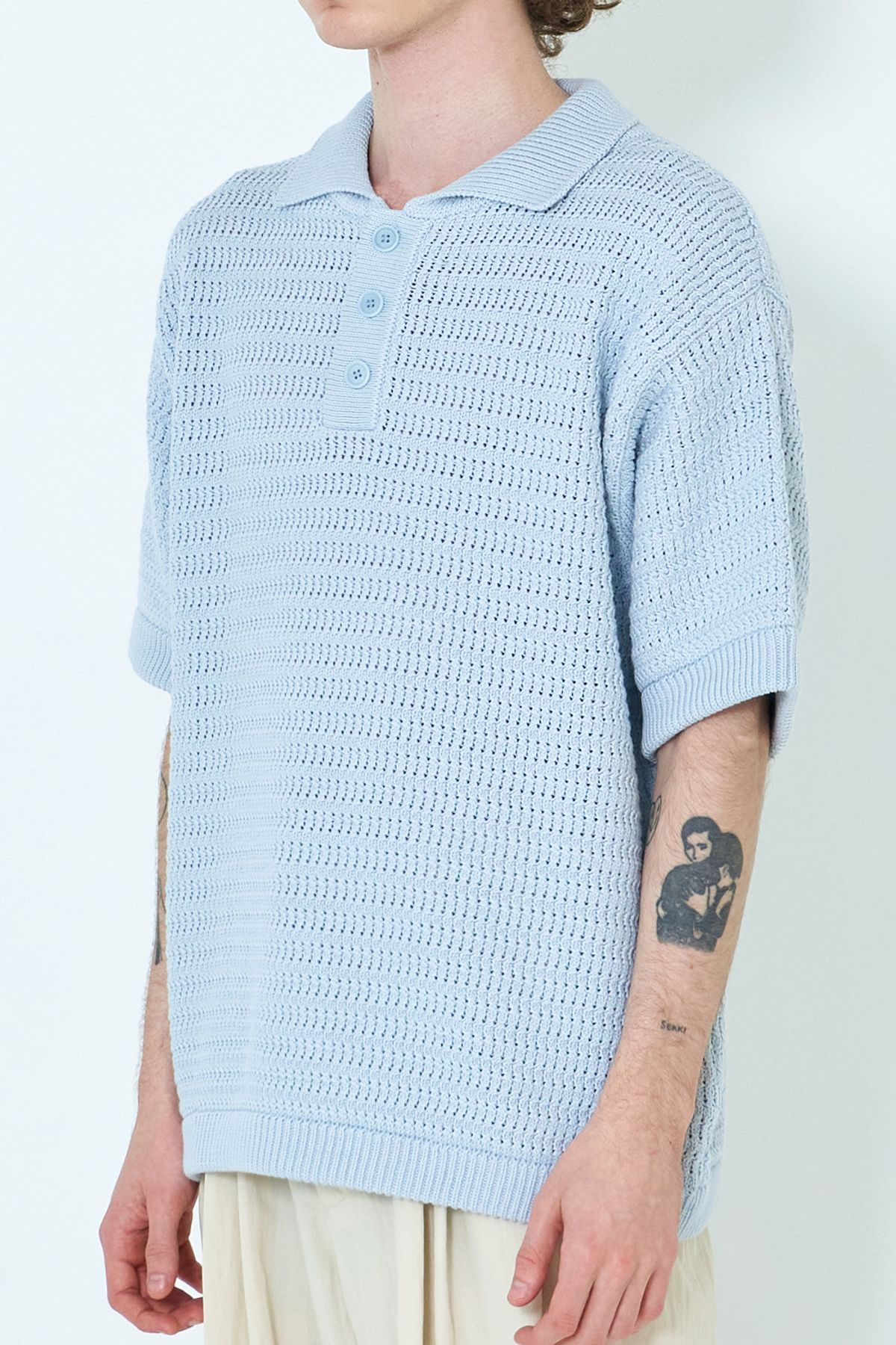 우석(WOOSUK) Crochet Knit Cotton Polo Shirt (White Sky)