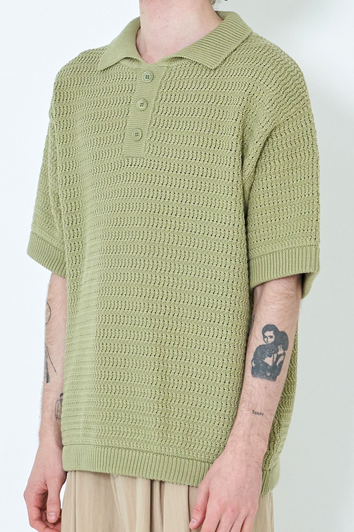 우석(WOOSUK) Crochet Knit Cotton Polo Shirt (Limeade)