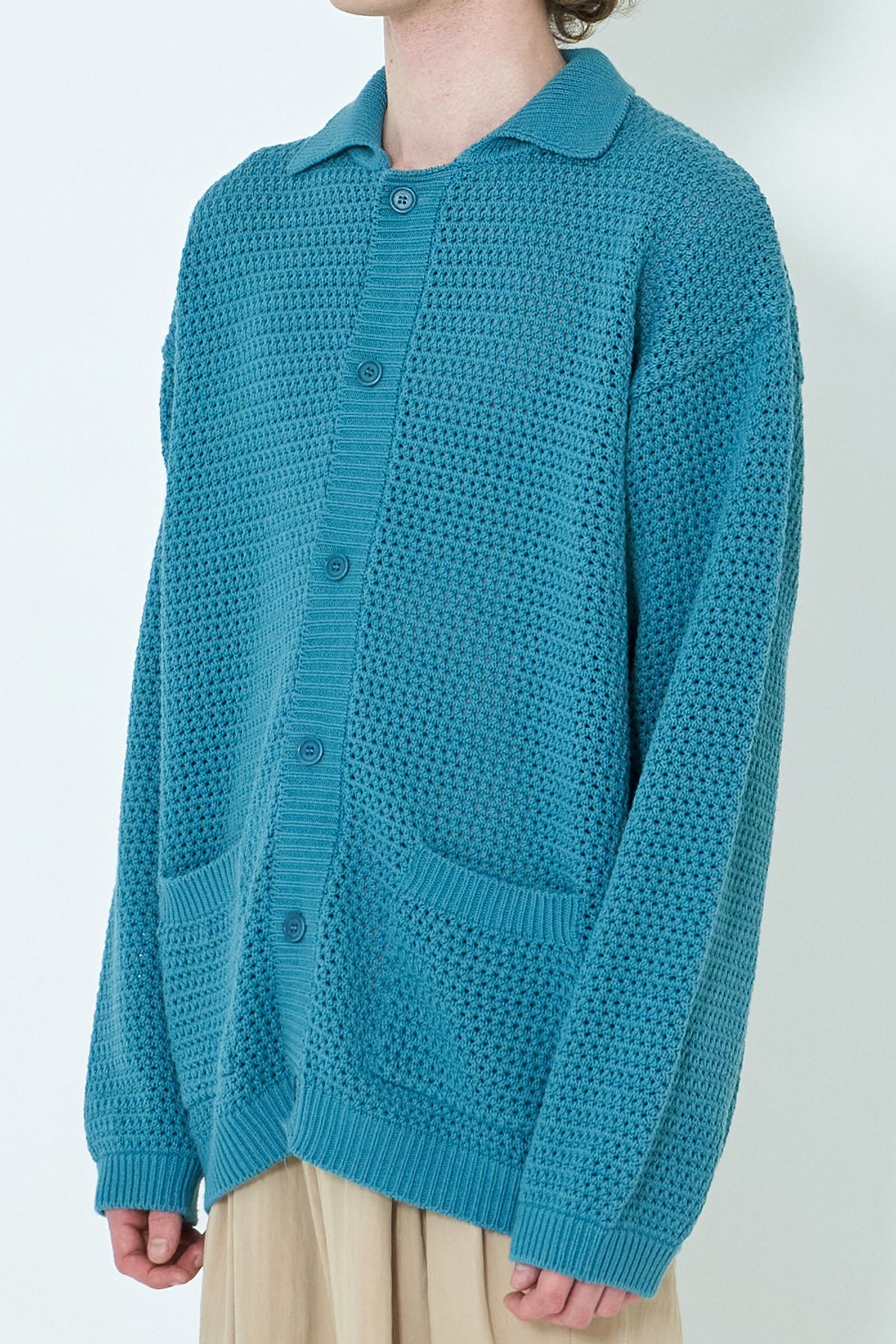 우석(WOOSUK) Crochet Knit Cotton Polo Cardigan (Ocean Turquise)
