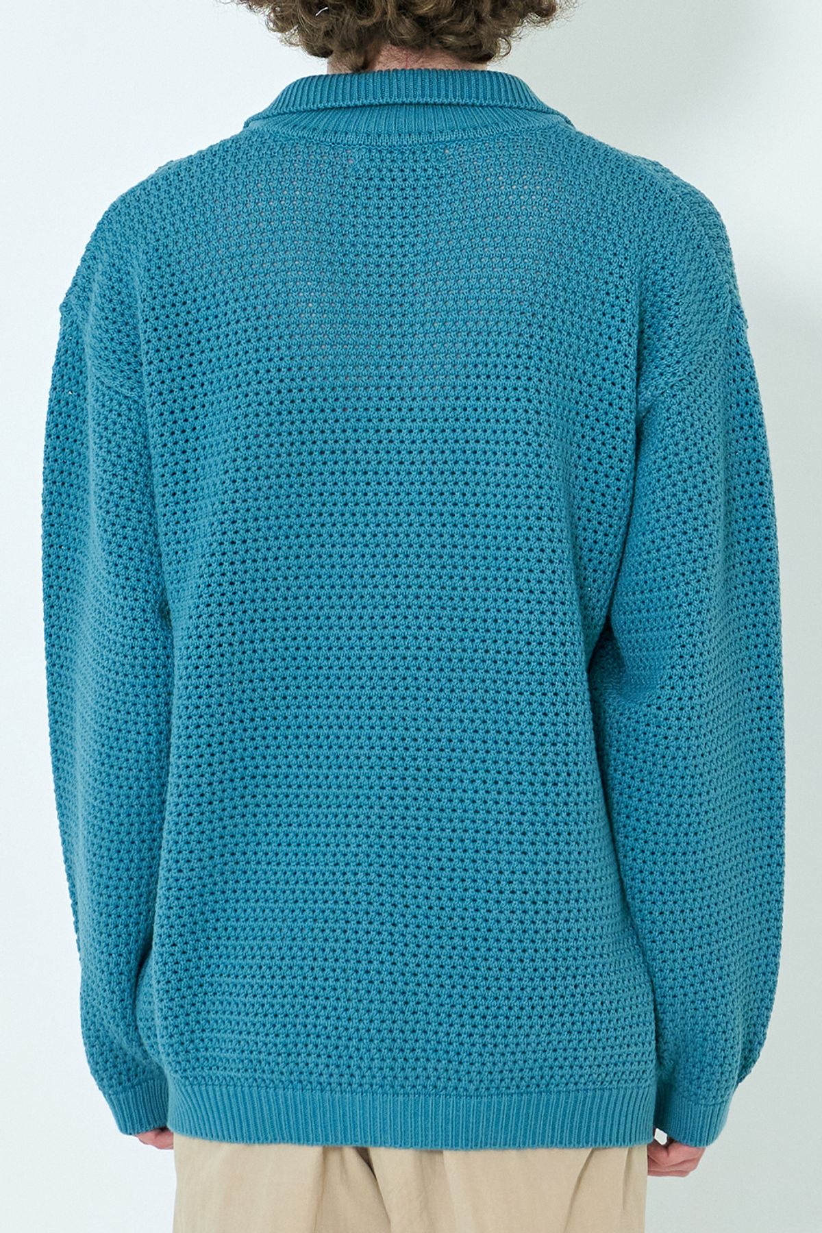 우석(WOOSUK) Crochet Knit Cotton Polo Cardigan (Ocean Turquise)