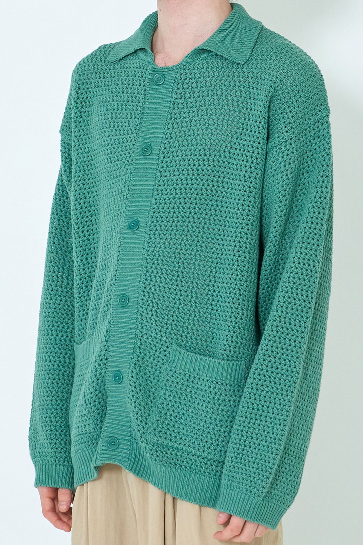 우석(WOOSUK) Crochet Knit Cotton Polo Cardigan (Topaz Green)