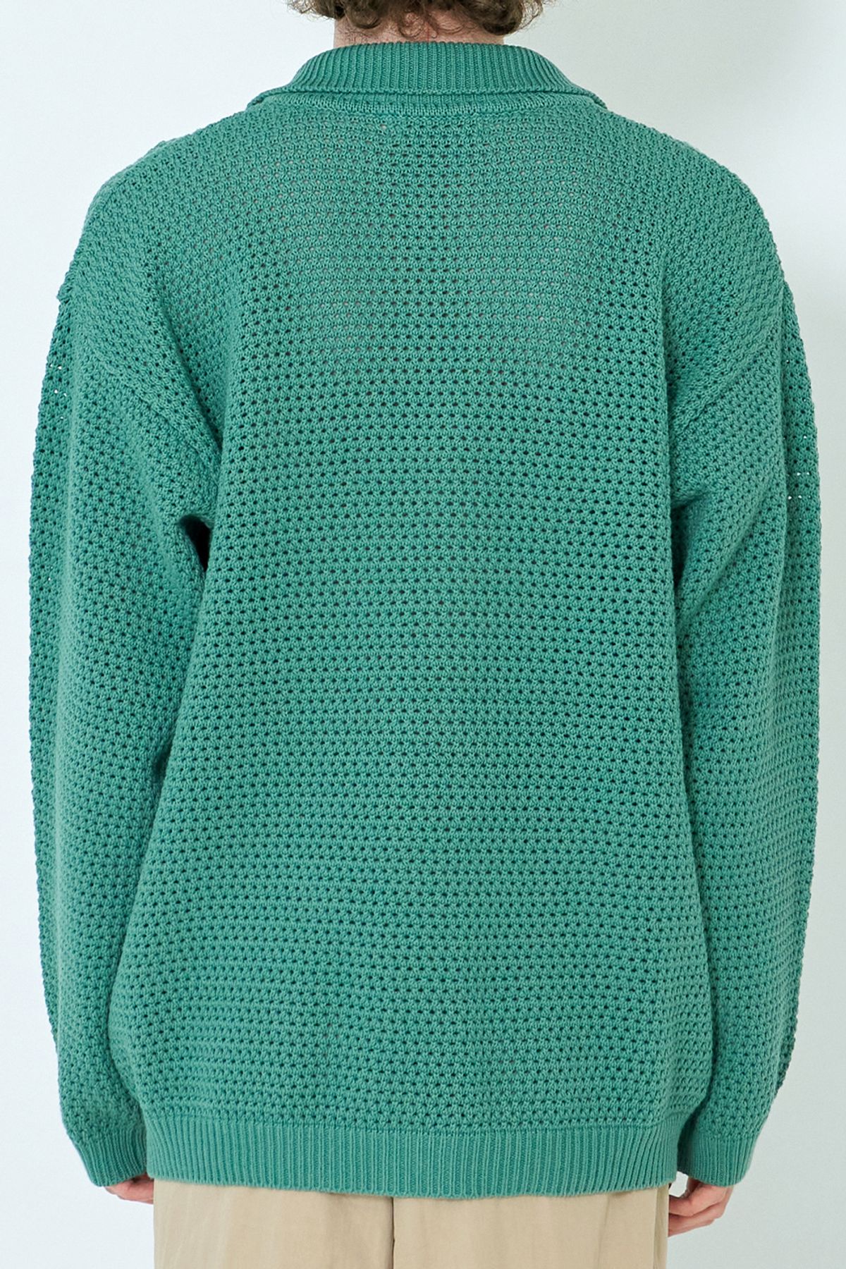 우석(WOOSUK) Crochet Knit Cotton Polo Cardigan (Topaz Green)