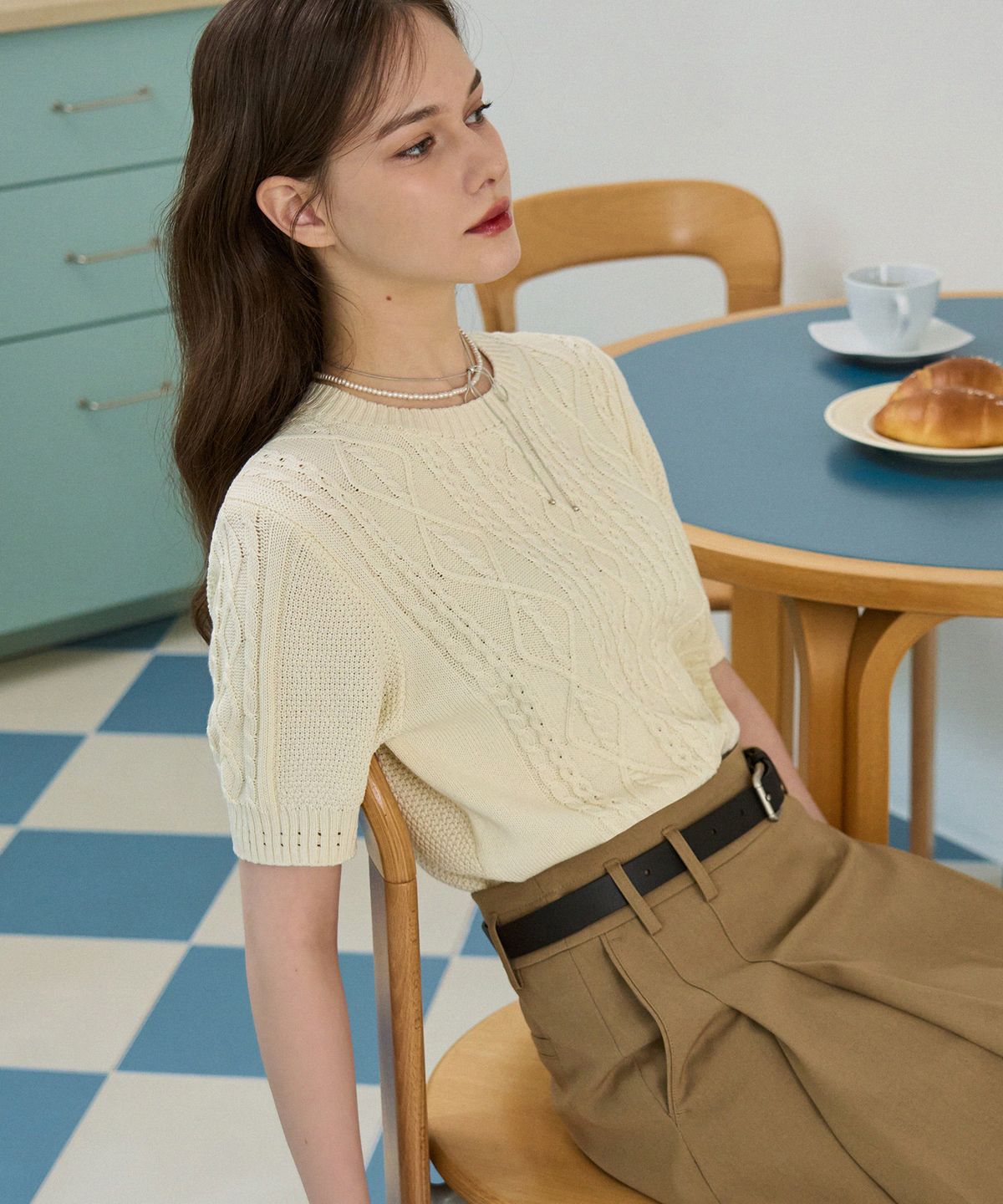 드로우핏 우먼(DRAWFIT WOMEN) 스카시 케이블 반팔 니트 [IVORY]