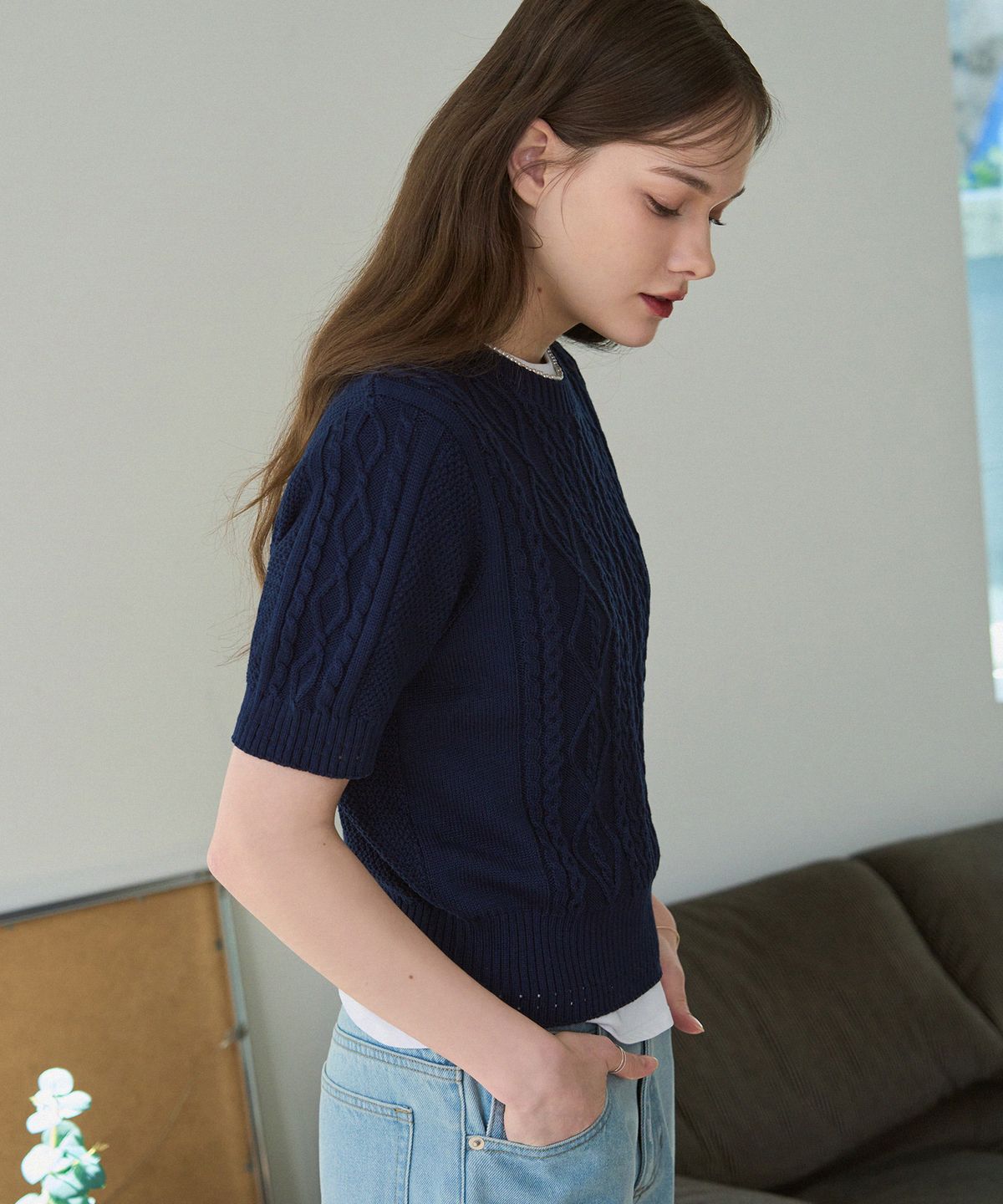 드로우핏 우먼(DRAWFIT WOMEN) 스카시 케이블 반팔 니트 [SKY BLUE]