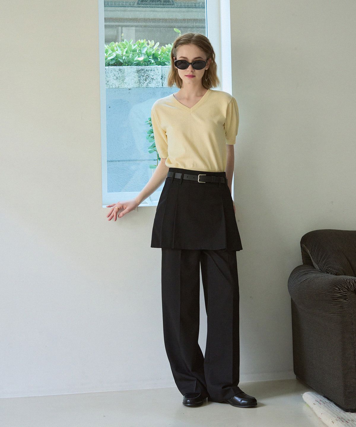 드로우핏 우먼(DRAWFIT WOMEN) 브이넥 퍼프 반팔 코튼 니트 [SAND GREY]