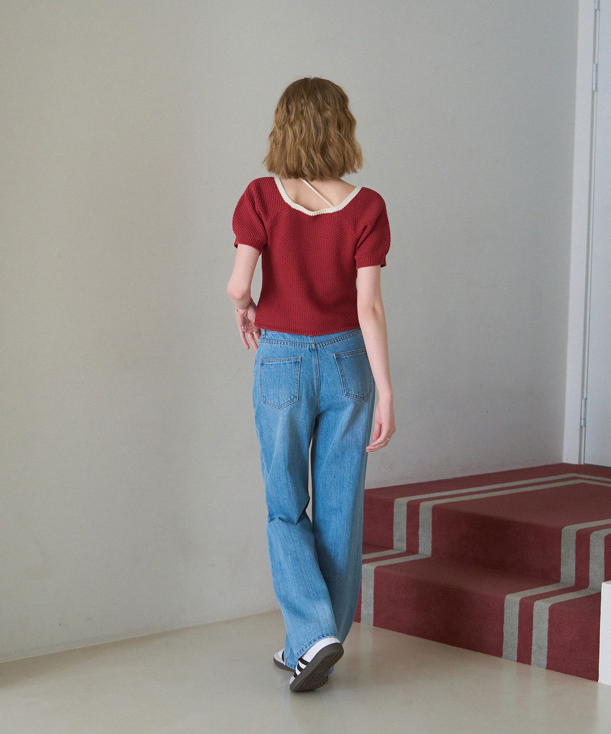 드로우핏 우먼(DRAWFIT WOMEN) 발롱 리본 스퀘어 니트 탑 [RED]