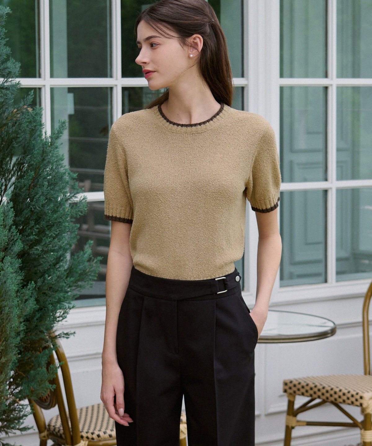 드로우핏 우먼(DRAWFIT WOMEN) 라인 배색 부클 반팔 니트 [BEIGE]