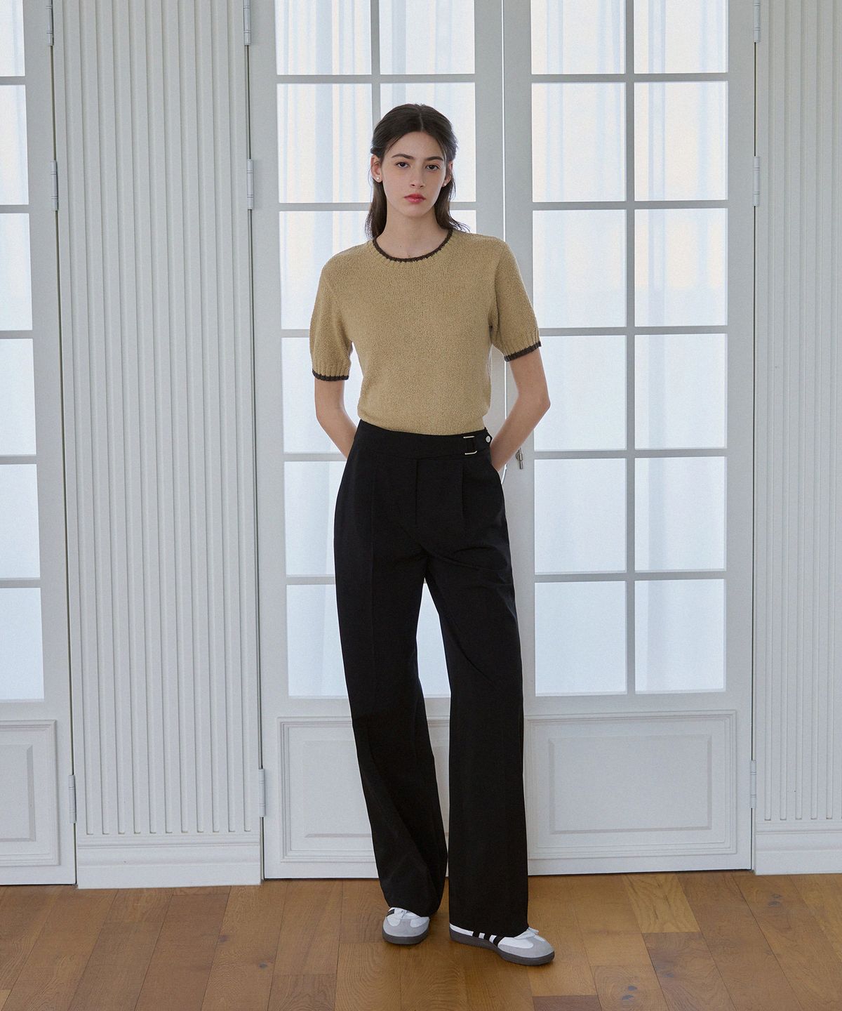 드로우핏 우먼(DRAWFIT WOMEN) 라인 배색 부클 반팔 니트 [BEIGE]