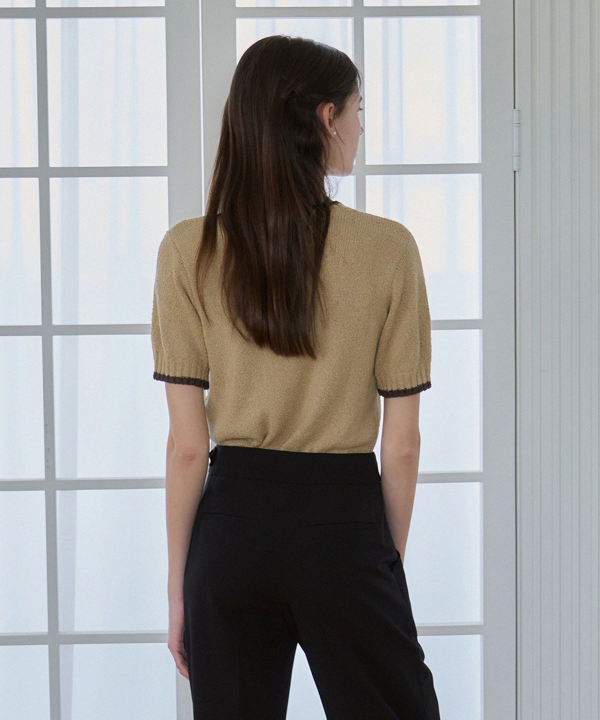 드로우핏 우먼(DRAWFIT WOMEN) 라인 배색 부클 반팔 니트 [BEIGE]