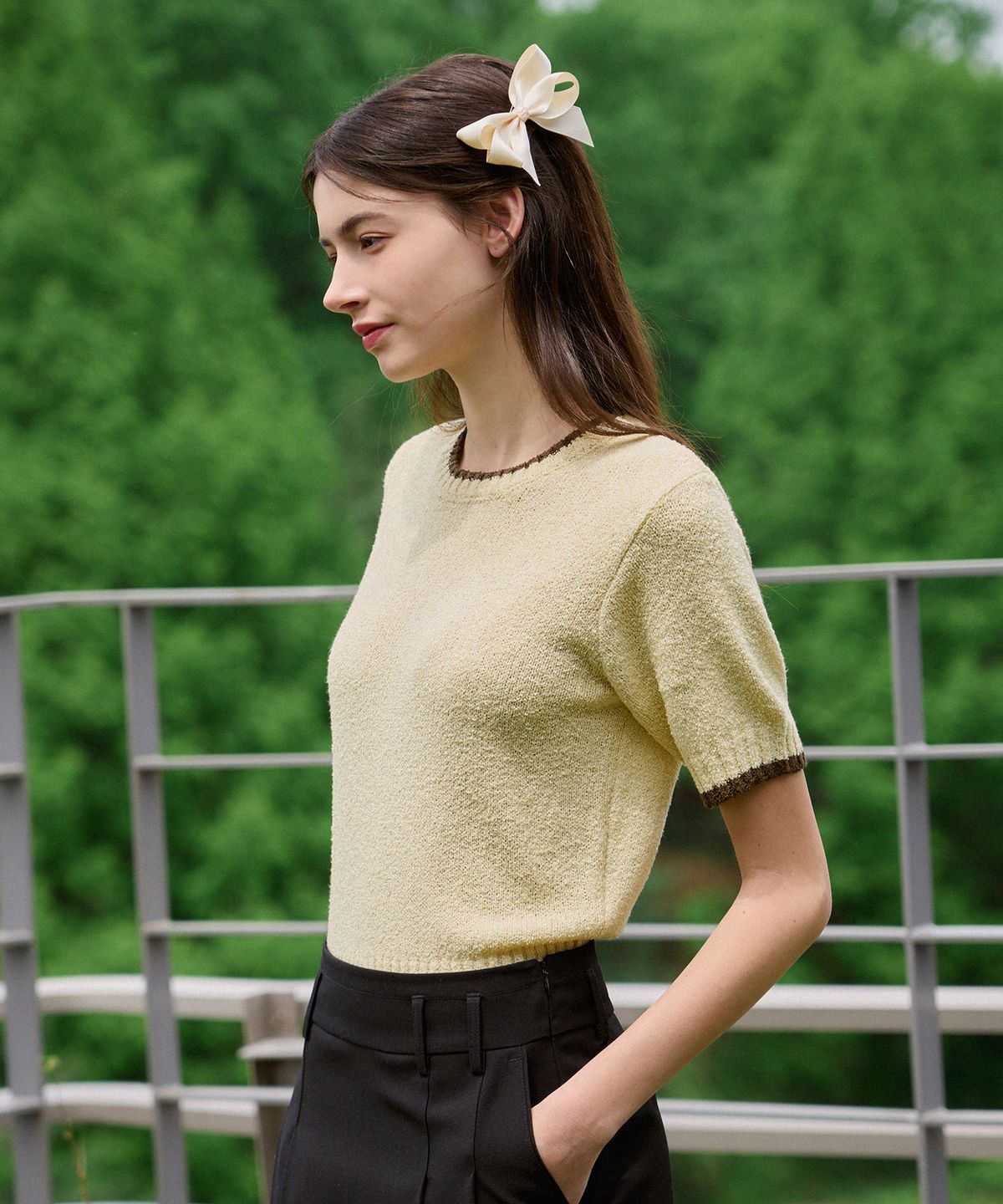 드로우핏 우먼(DRAWFIT WOMEN) 라인 배색 부클 반팔 니트 [BEIGE]