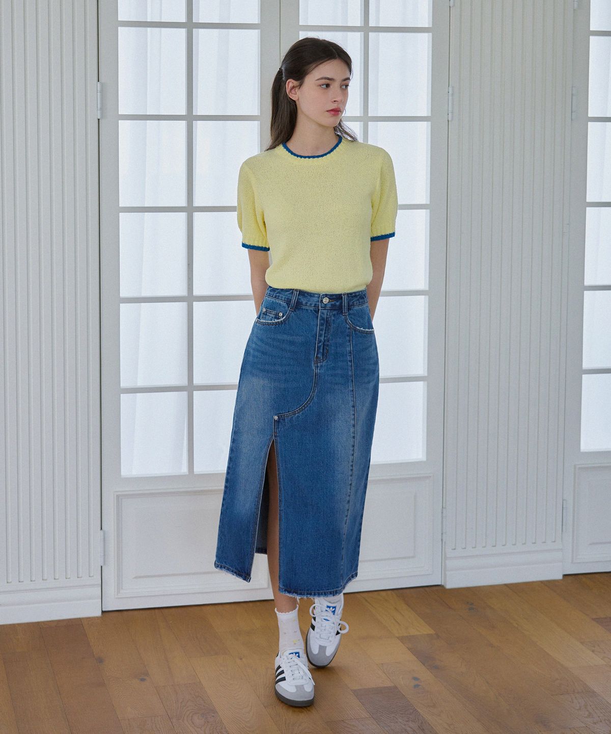 드로우핏 우먼(DRAWFIT WOMEN) 라인 배색 부클 반팔 니트 [BEIGE]