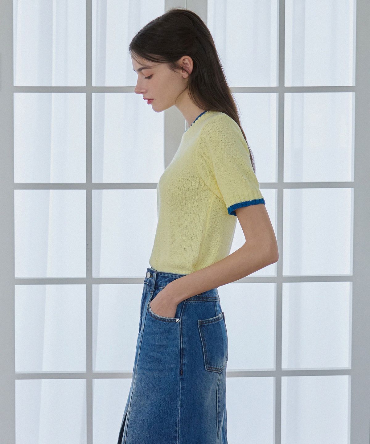드로우핏 우먼(DRAWFIT WOMEN) 라인 배색 부클 반팔 니트 [BEIGE]