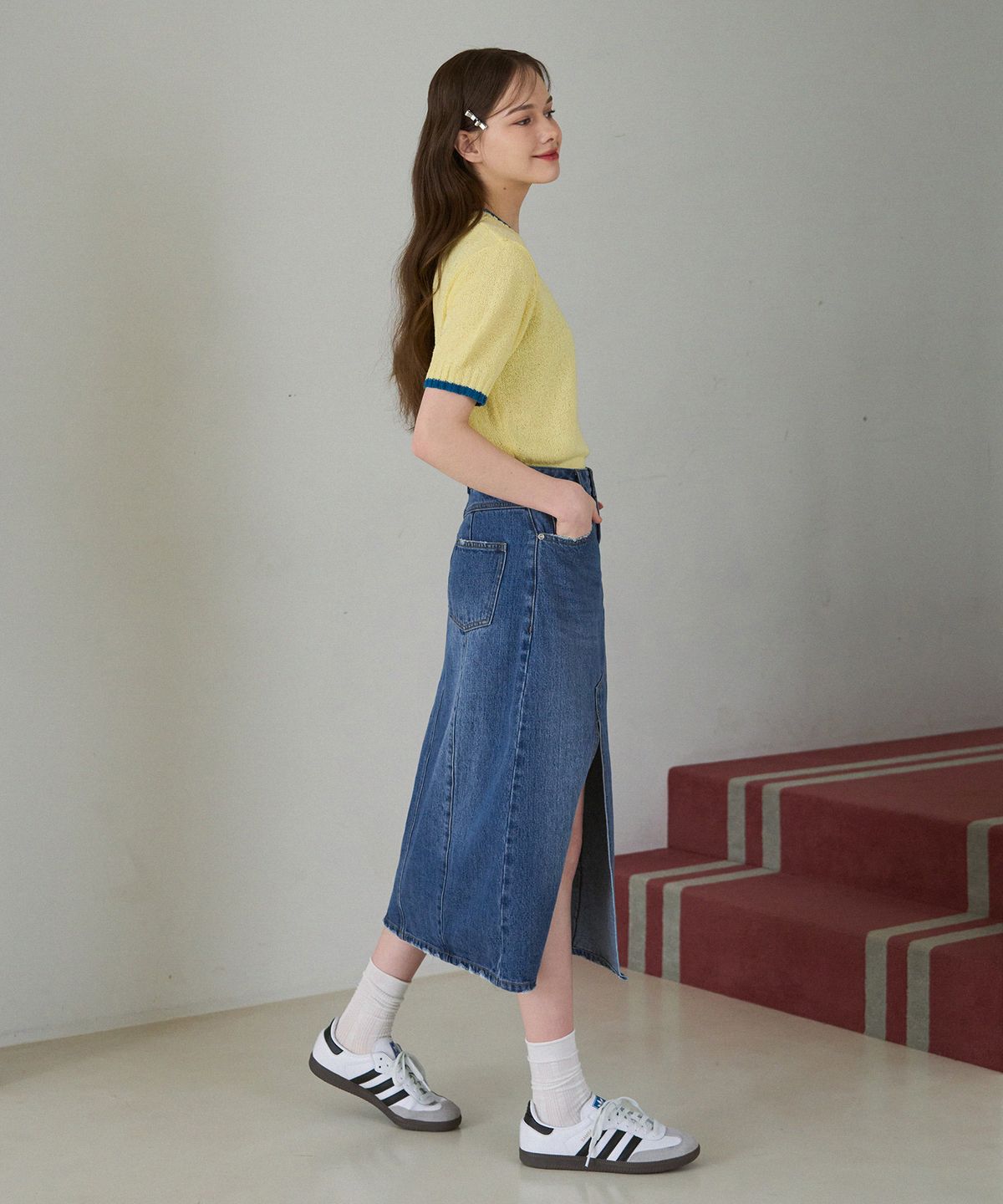 드로우핏 우먼(DRAWFIT WOMEN) 라인 배색 부클 반팔 니트 [LEMON]