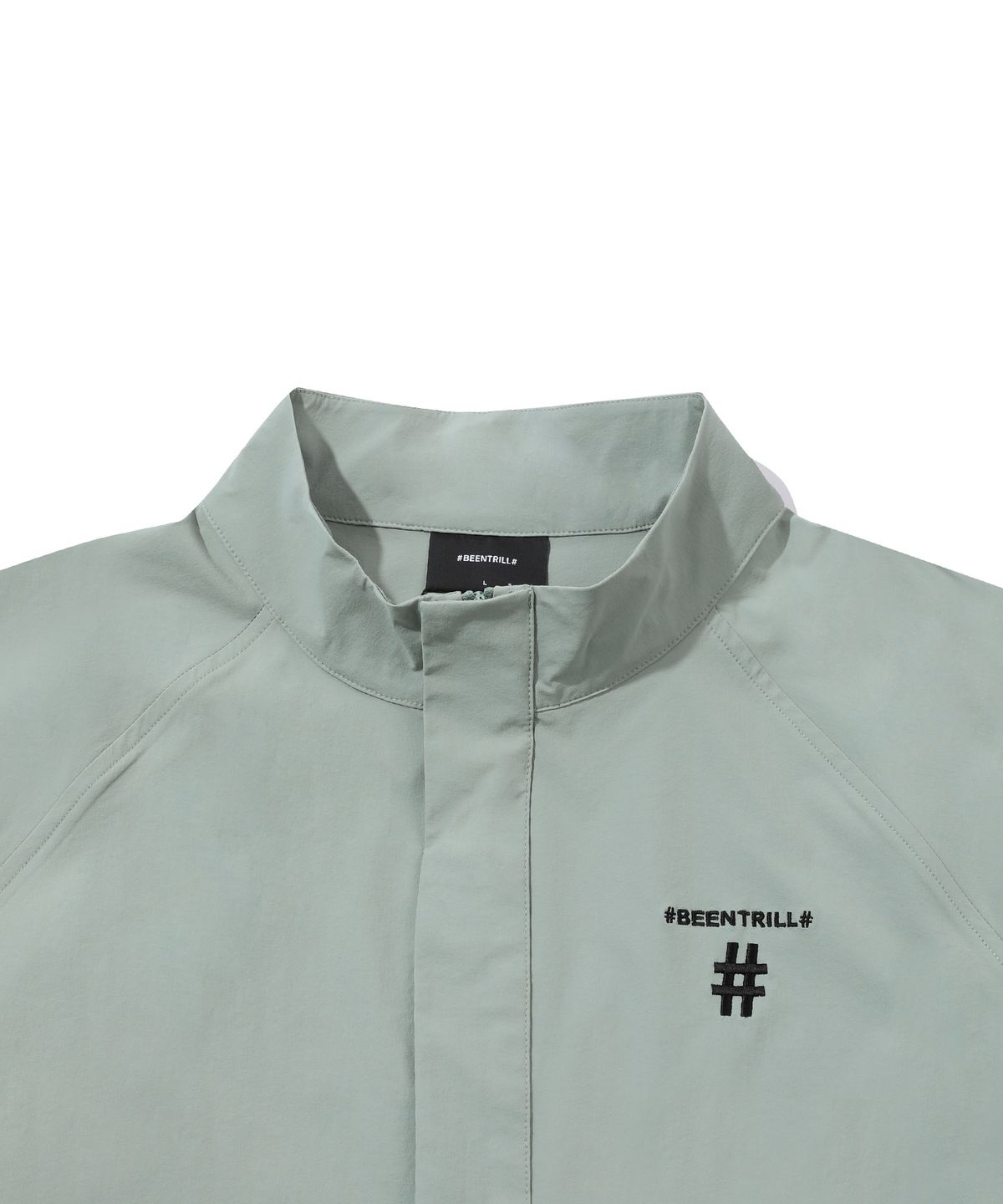 빈트릴(BEENTRILL) 스탠드 카라 오버핏 반팔 아노락(블루 그린)