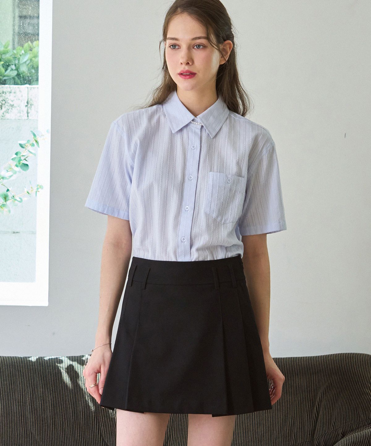 드로우핏 우먼(DRAWFIT WOMEN) 레이스 스트라이프 반팔 셔츠 [WHITE]