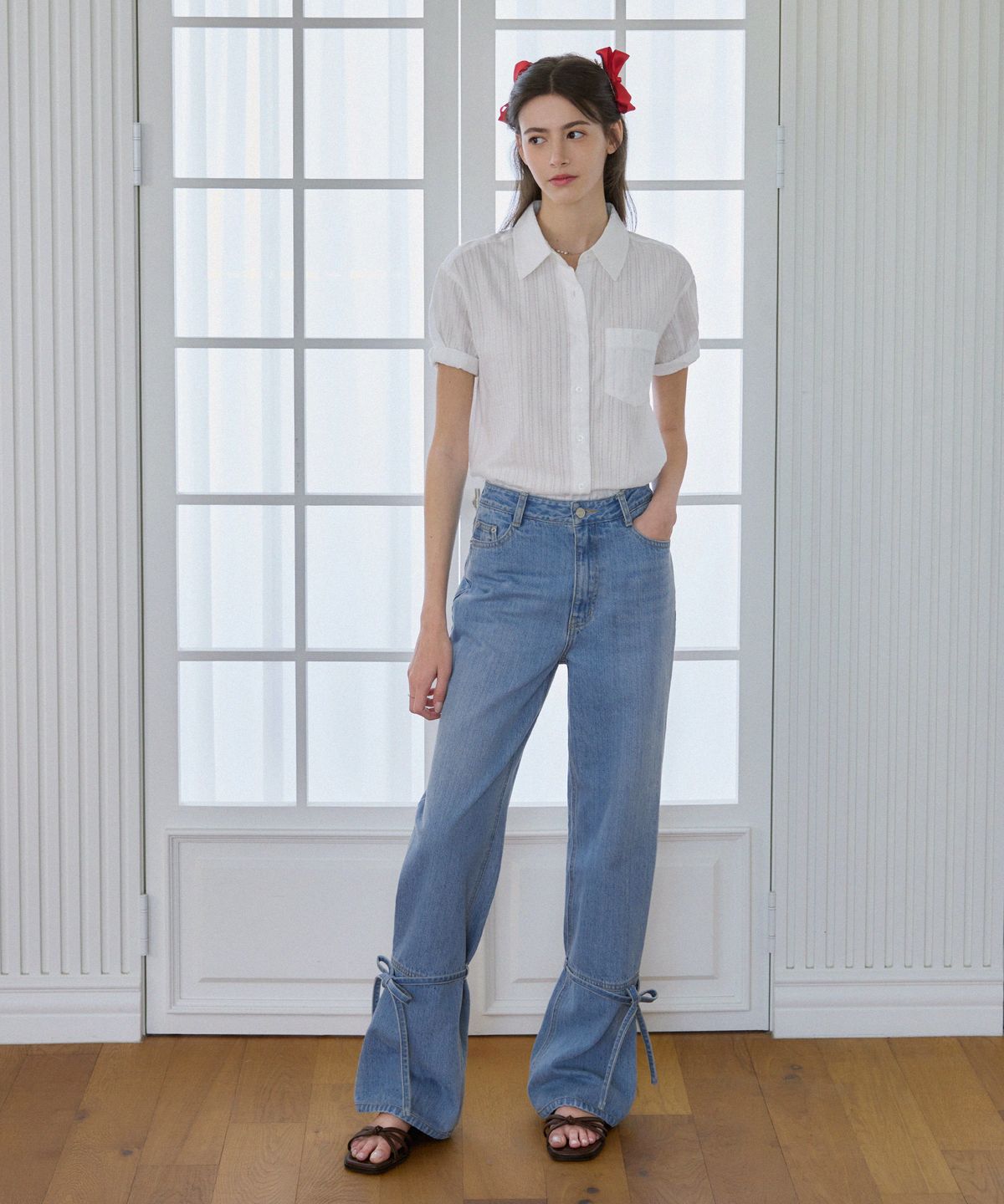 드로우핏 우먼(DRAWFIT WOMEN) 레이스 스트라이프 반팔 셔츠 [WHITE]