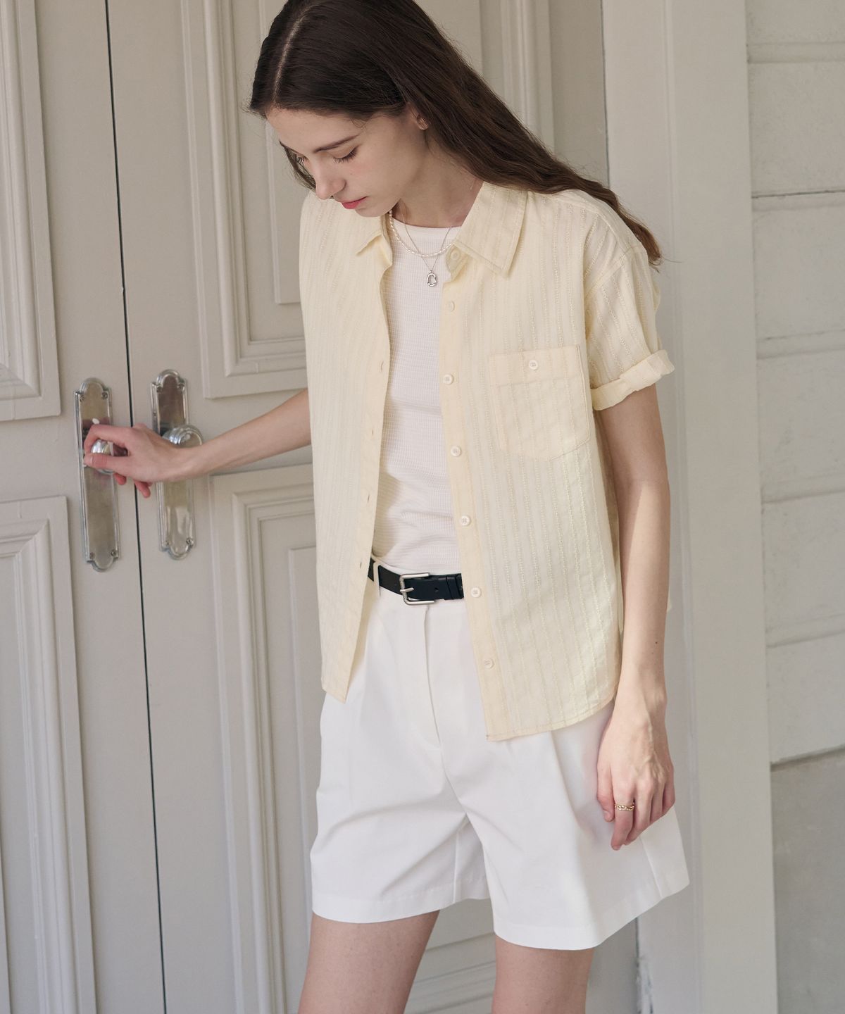 드로우핏 우먼(DRAWFIT WOMEN) 레이스 스트라이프 반팔 셔츠 [WHITE]