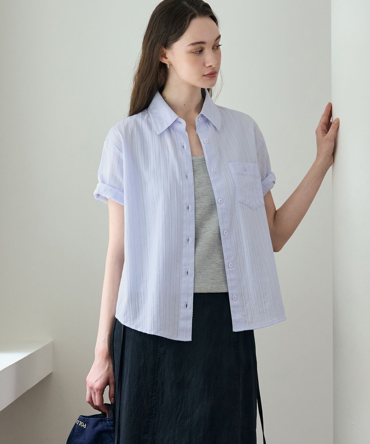 드로우핏 우먼(DRAWFIT WOMEN) 레이스 스트라이프 반팔 셔츠 [WHITE]