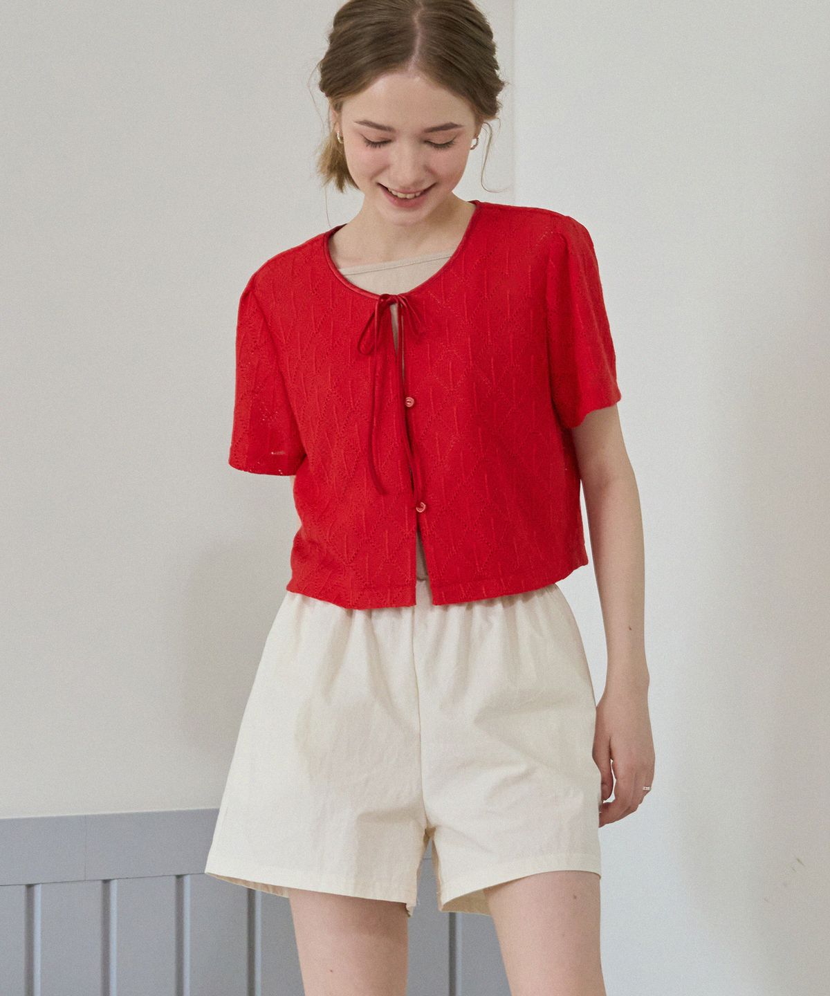 드로우핏 우먼(DRAWFIT WOMEN) 리본 크로셰 크롭 가디건 [RED]