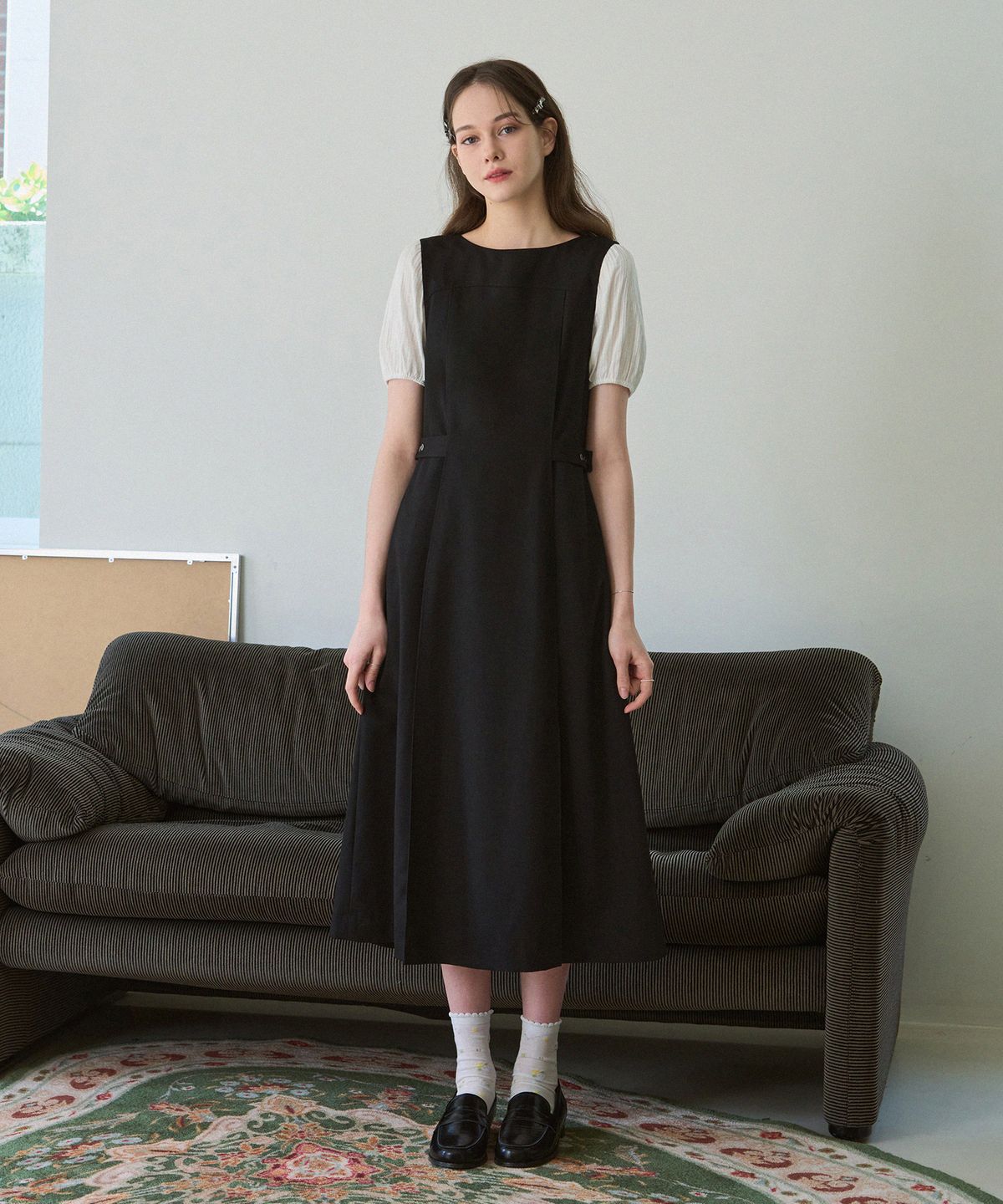 드로우핏 우먼(DRAWFIT WOMEN) 울 슬리브리스 턱 원피스 [BLACK]