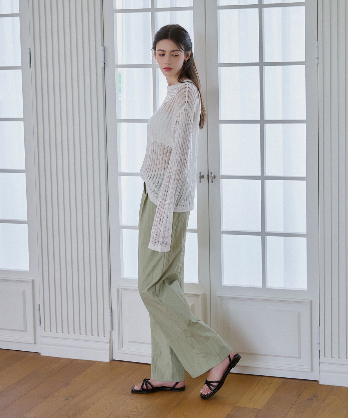 드로우핏 우먼(DRAWFIT WOMEN) 원턱 나일론 슬랙스 [PALE GREEN]