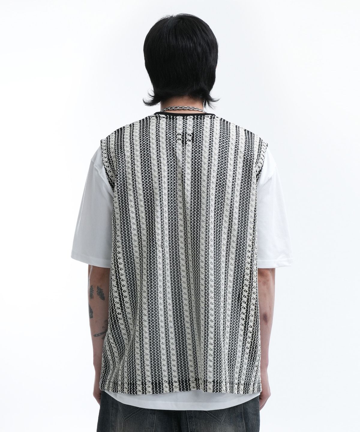 오픈야드(오와이)(OPENYARD(OY)) STRIPE CROCHET KNIT VEST-IVORY