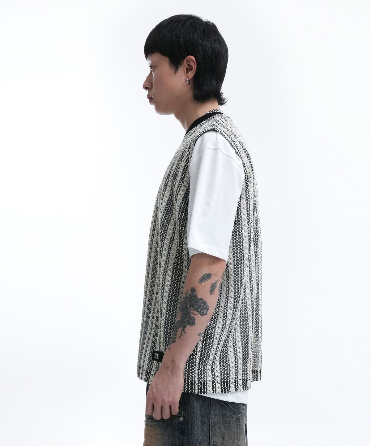 오픈야드(오와이)(OPENYARD(OY)) STRIPE CROCHET KNIT VEST-IVORY