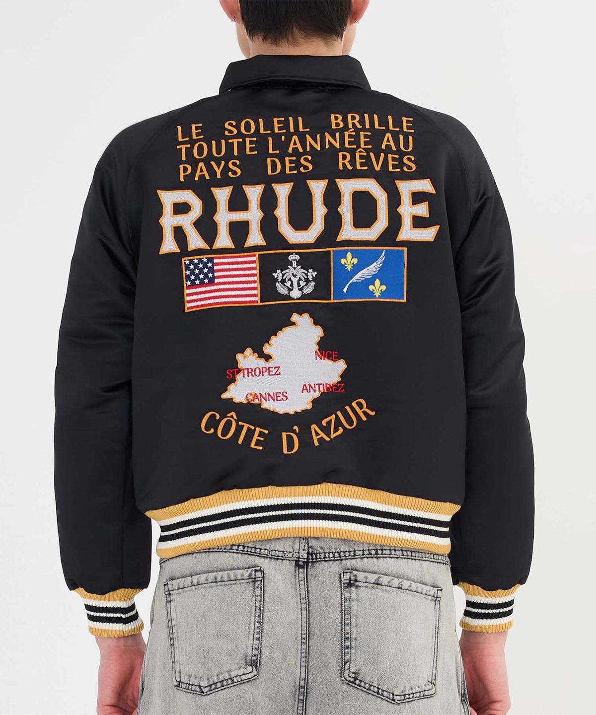 루드(RHUDE) (M) 르 솔레이 새틴 봄버 블랙 LE SOLEIL SATIN BOMBER BLACK/MUSTARD