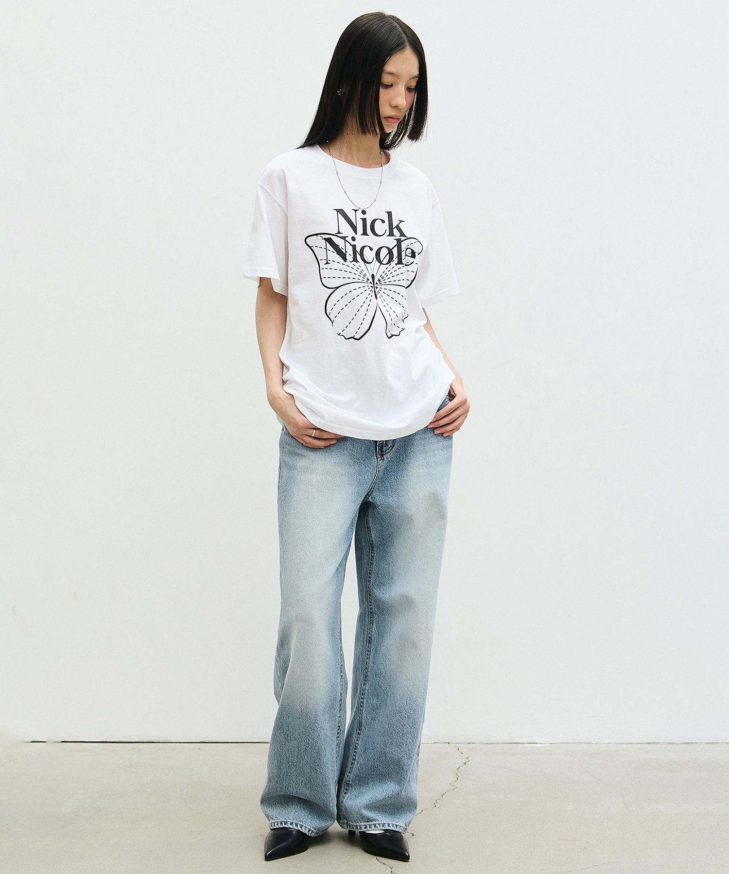 MUSINSA公式 | NICK&NICOLE BIG BUTTERFLY SLEEVE TOP_WHITE BLACK