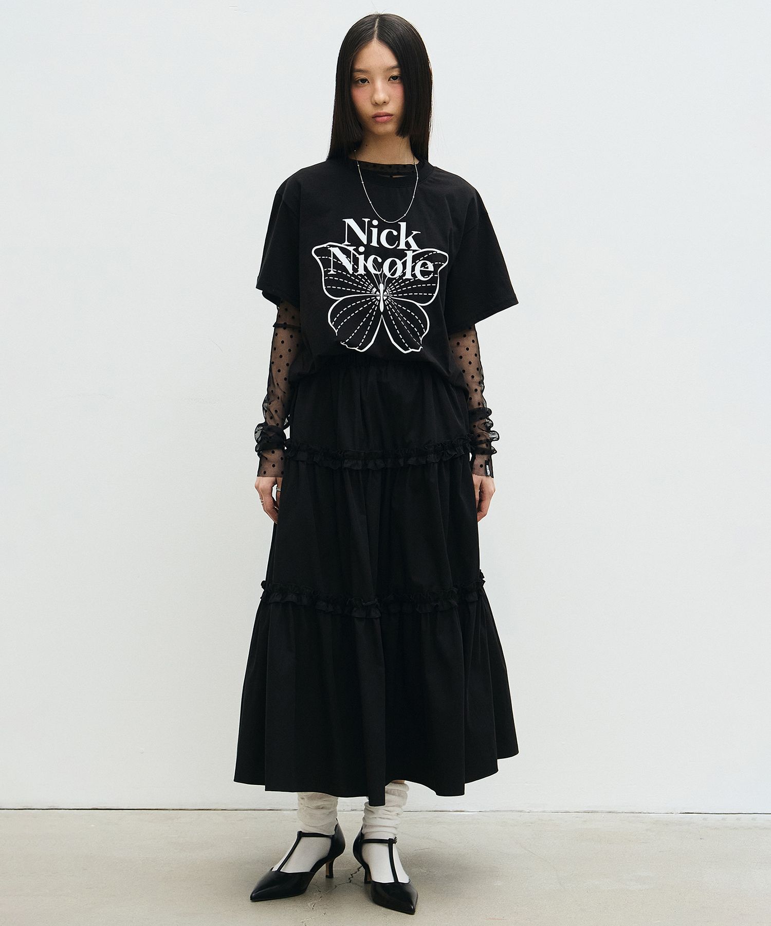 MUSINSA公式 | NICK&NICOLE BIG BUTTERFLY SLEEVE TOP_BLACK WHITE