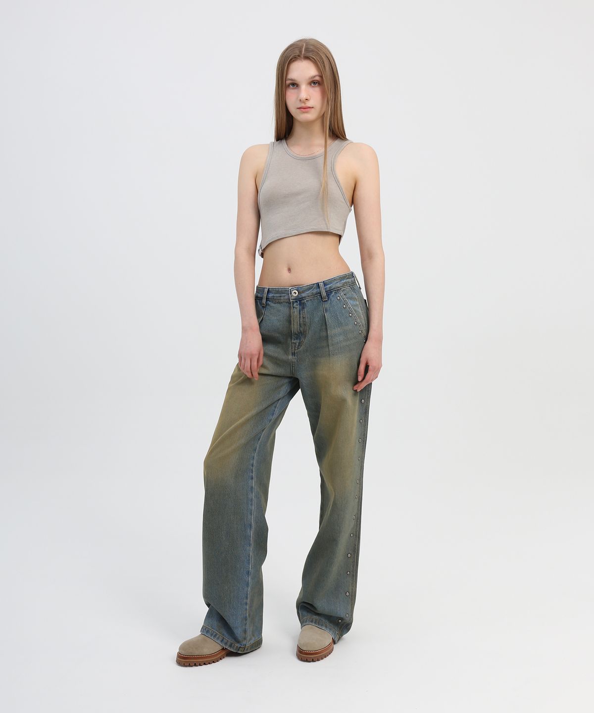 슬로우가먼츠(SLLOW GARMENTS) STUDDED WASHED LOOSE FIT DENIM