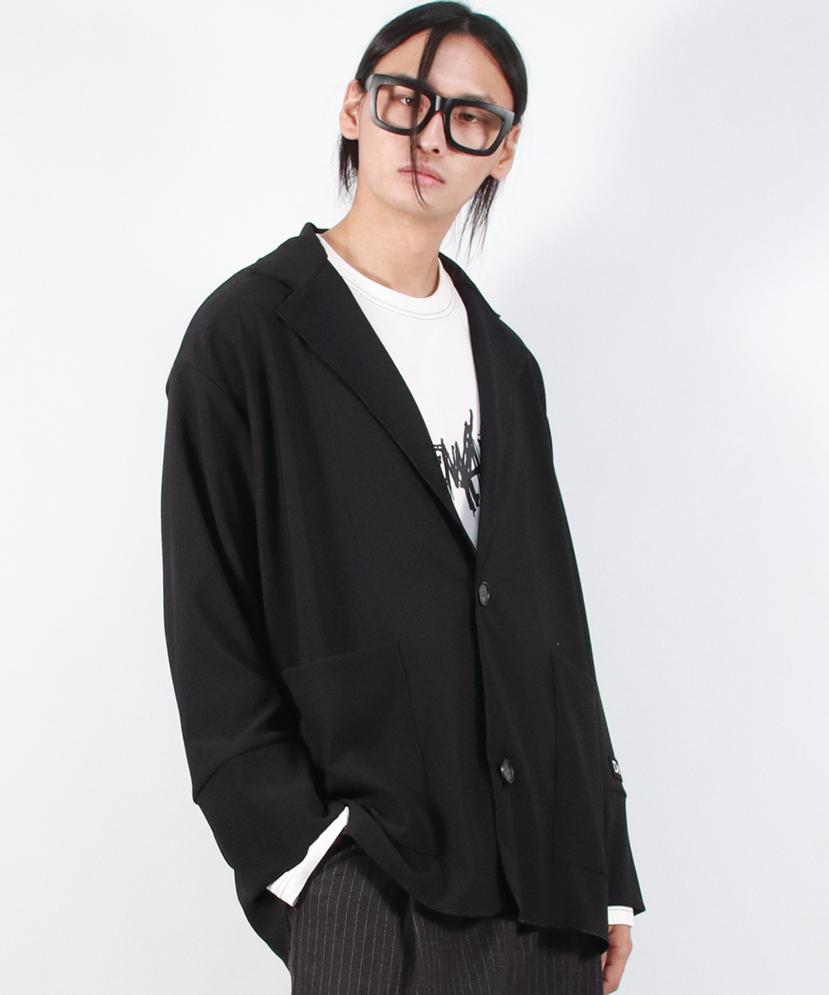 드마크(DEMARC) 루즈핏 골지 테일러드카라 자켓  블랙