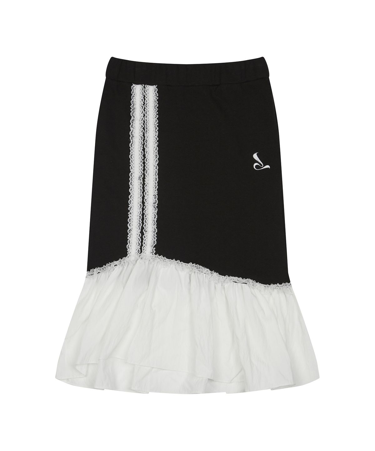 러브이즈트루(LUVISTRUE) CURVED L LACE MIDI SKIRT(BLACK)