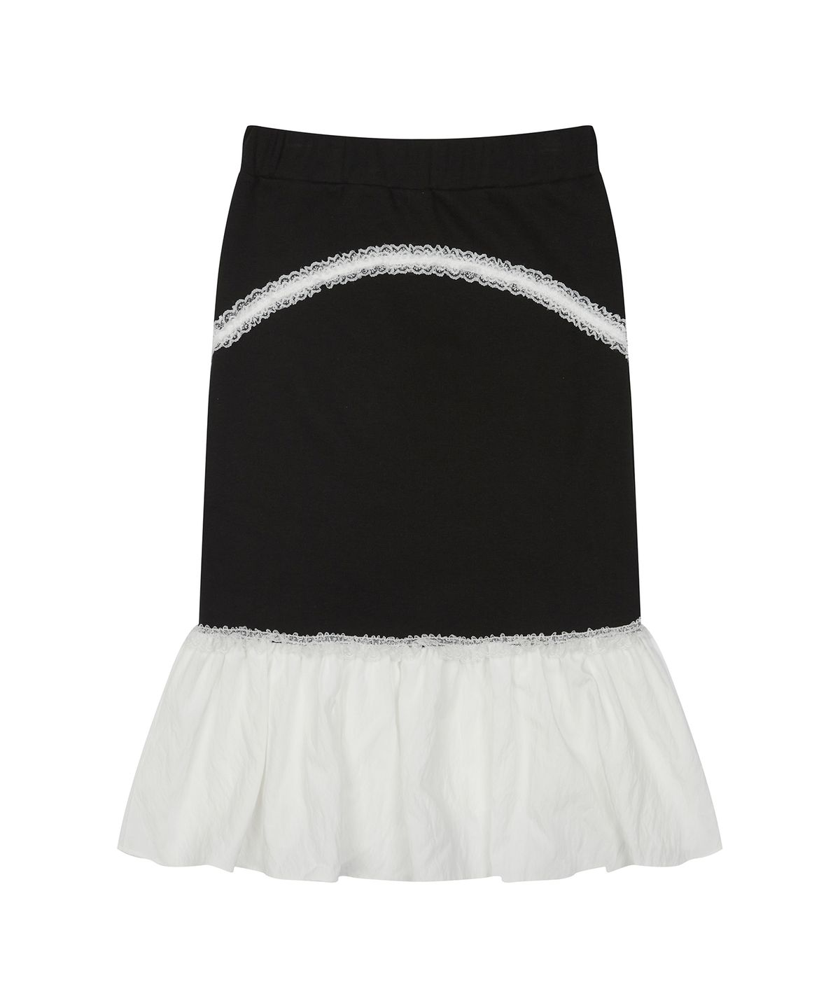 러브이즈트루(LUVISTRUE) CURVED L LACE MIDI SKIRT(BLACK)