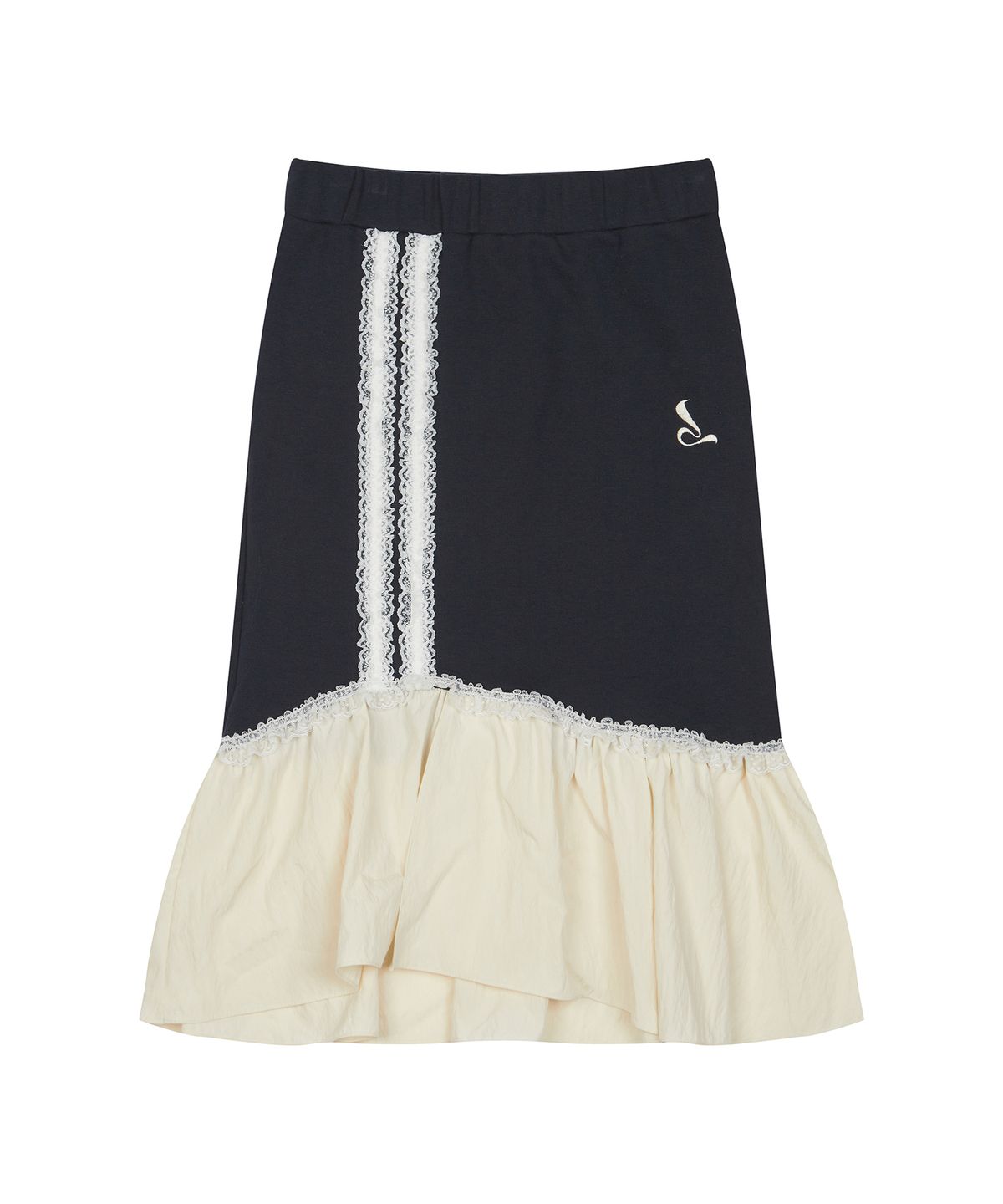 러브이즈트루(LUVISTRUE) CURVED L LACE MIDI SKIRT(NAVY)