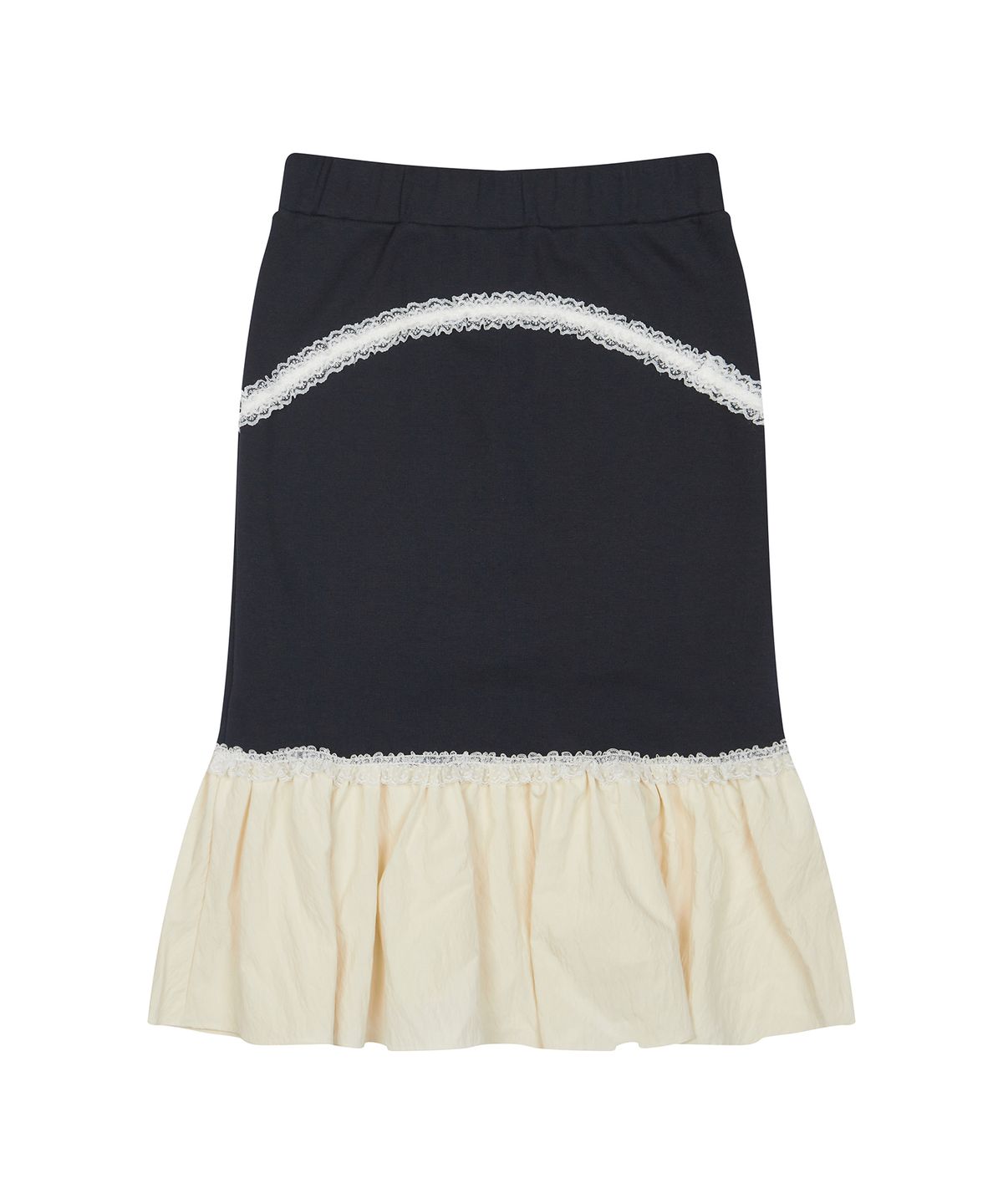 러브이즈트루(LUVISTRUE) CURVED L LACE MIDI SKIRT(NAVY)